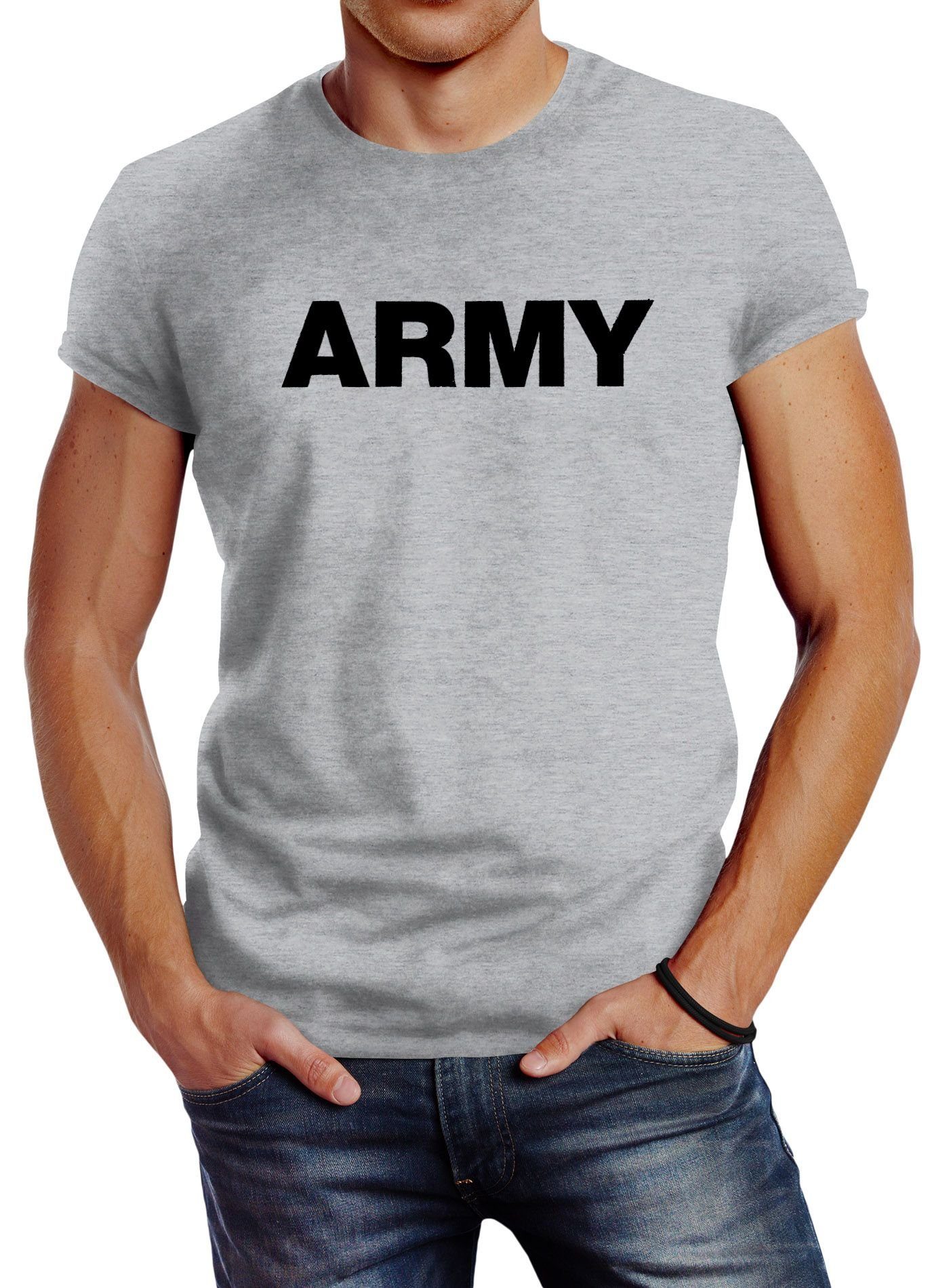 Neverless® T-Shirt grau Print Streetstyle Aufdruck mit Neverless Print-Shirt cooles Herren Print Fashion Army