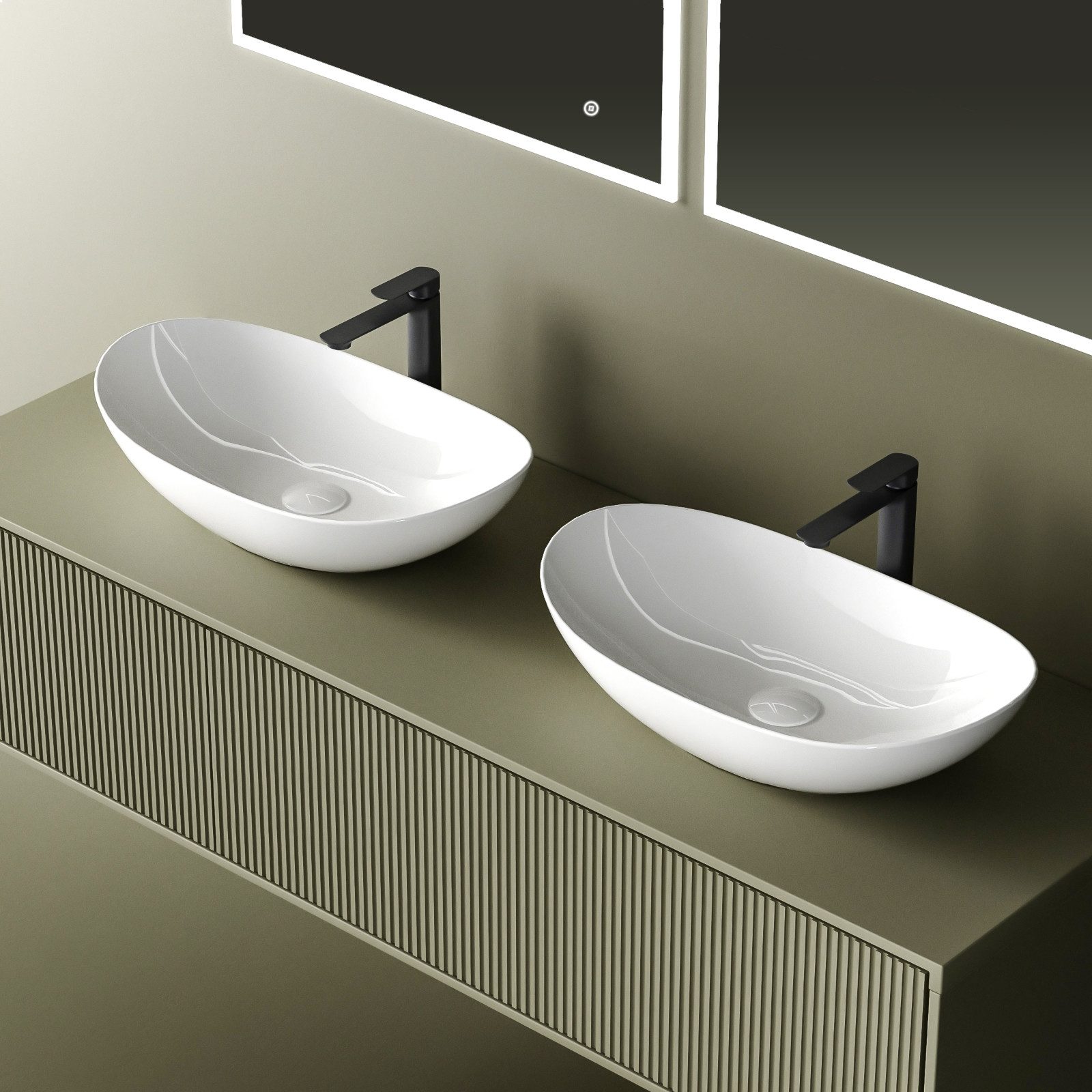 EMKE Aufsatzwaschbecken Aufsatzwaschbecken Oval, Keramik mit Nanobeschichtung, 61 x 36 cm (Packung), ohne Überlauf, ohne Hahnloch–mit pflegeleichter,kratzfester Oberfläche