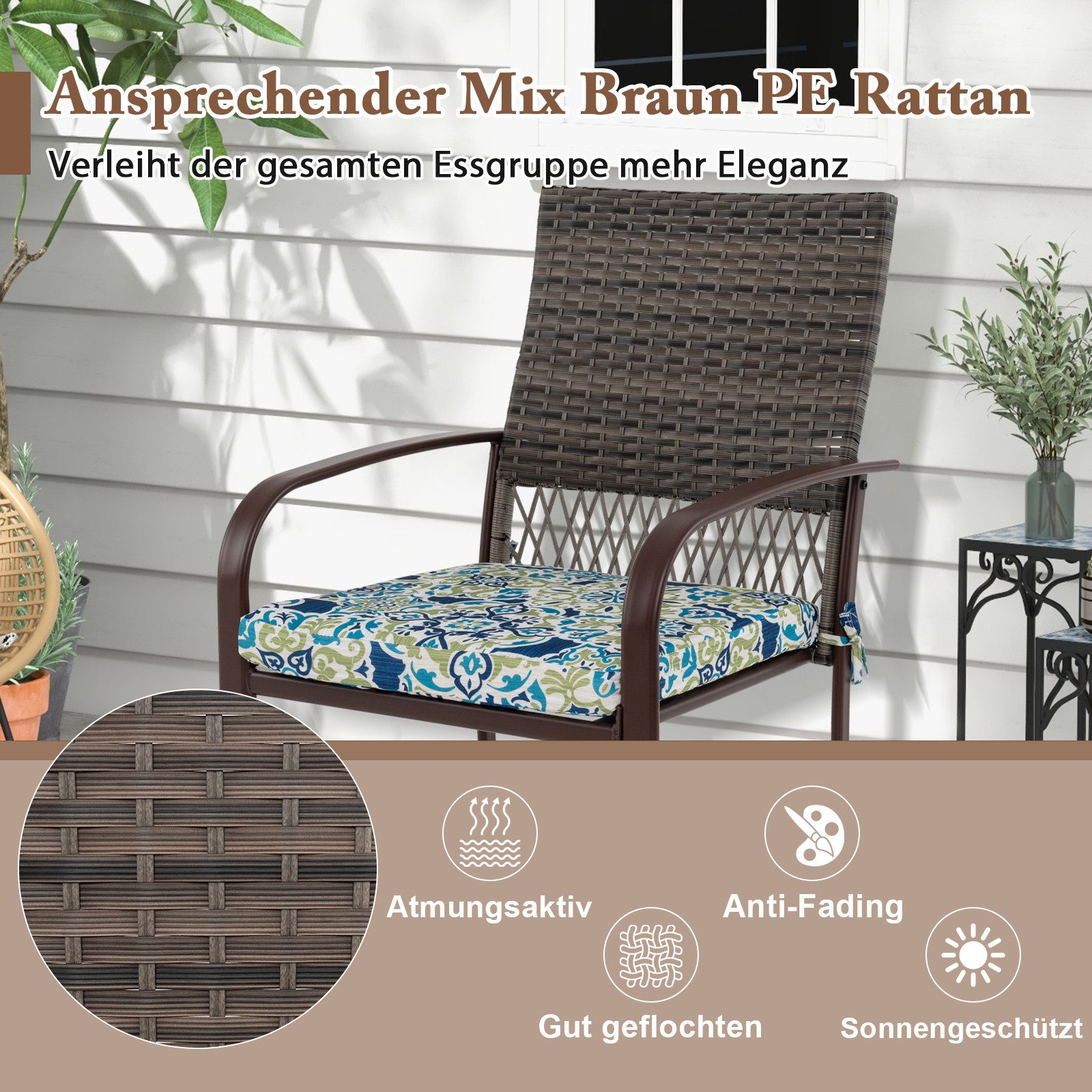 COSTWAY Garten-Essgruppe, (5-tlg), Gartenmöbel Set für 4 Personen, wetterfest Rattan & Metall