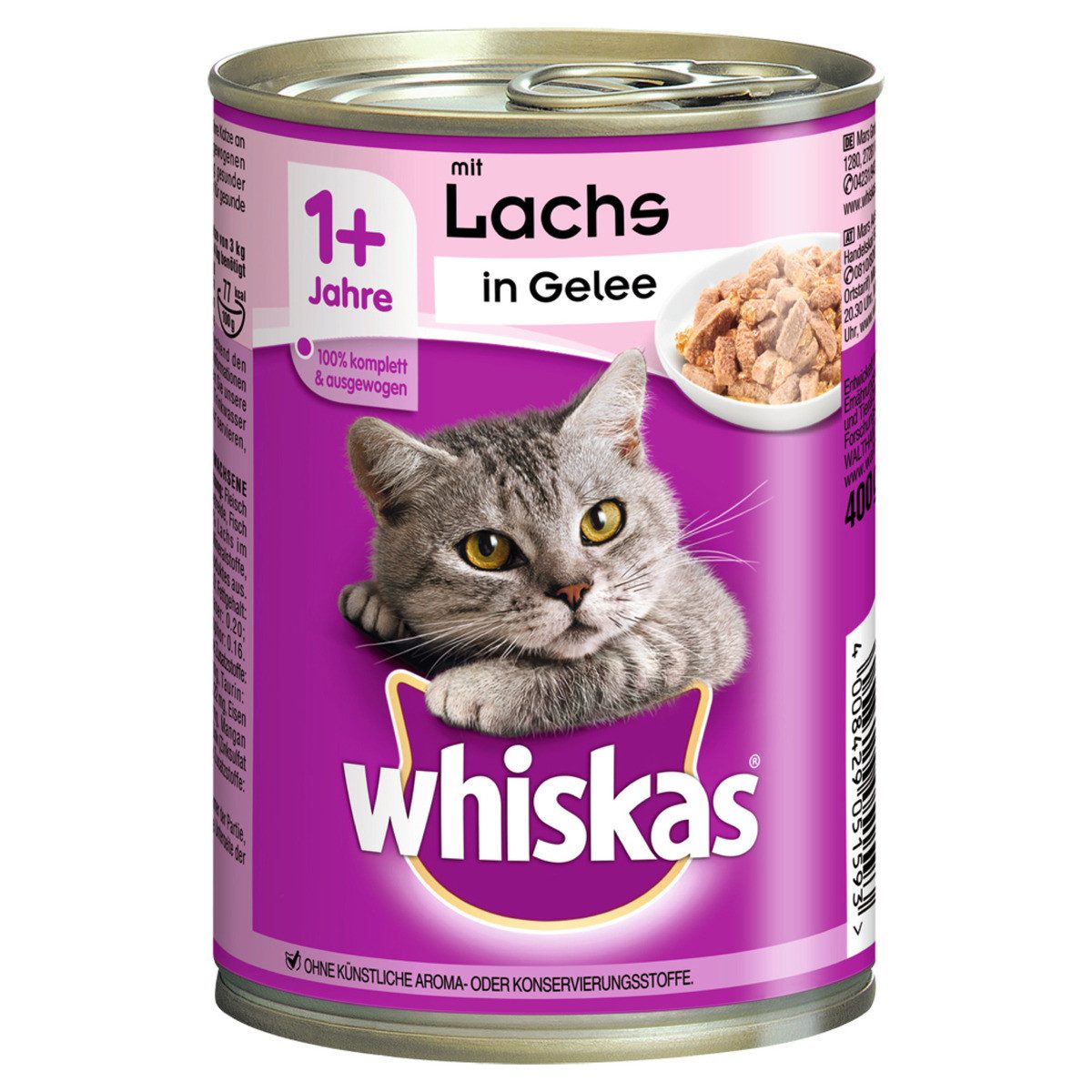 Whiskas 1+ mit Lachs in Gelee 400 g - 12 Stück, Nassfutter für: Katze