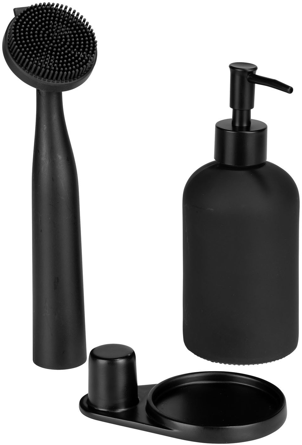 WENKO Spülmittelspender Modell Piedo, (Set, 3-tlg), Spül-Set, inkl. Spülbürste mit Halterung, Glas/Polyresin
