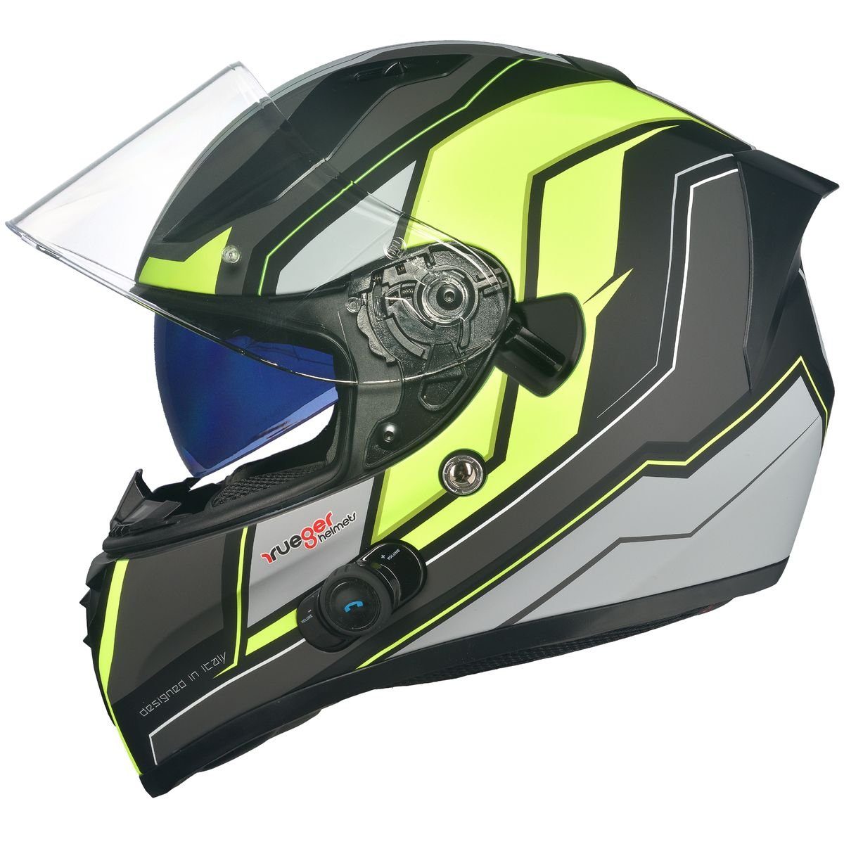rueger-helmets Motorradhelm RT-826 COM Bluetooth Motorradhelm Integralhelm Pinlock Quad Fullface Sturzhelm HelmRT-826COM Black Neon XS