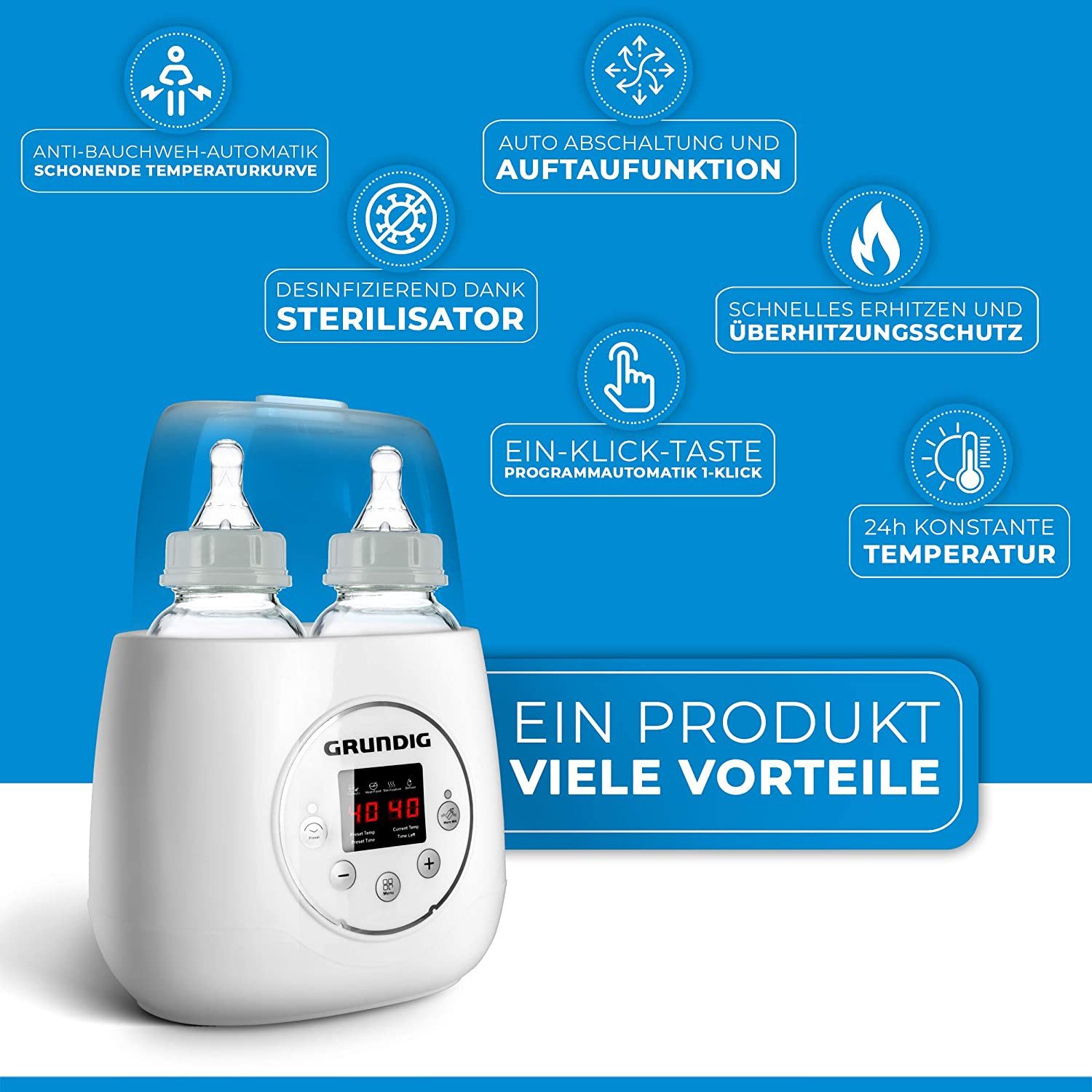 Grundig Babyflaschenwärmer Flaschenwärmer 3in1 Funktion Babykostwärmer, Babykostwärmer Reise Sterilisator Anti Bauchweh Automatik