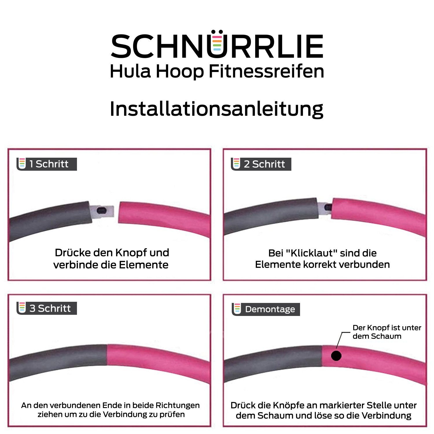 SCHNÜRRLIE Hula-Hoop-Reifen Fitnessreifen 97cm (Größe Pink 8 Elemente abnehmbare einstellbar)