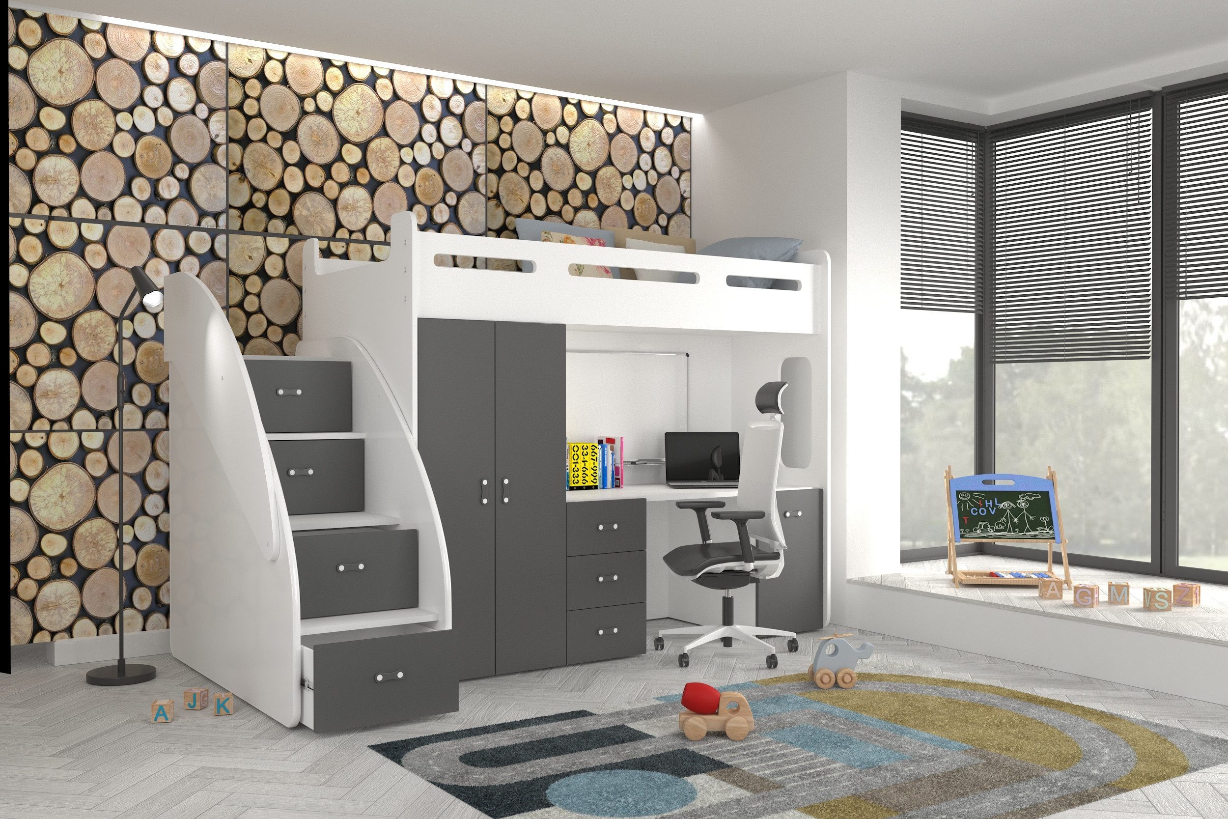 Hochbett Etagenbett 80x200cm mit Treppe, Schrank und Schreibtisch Hochglanz