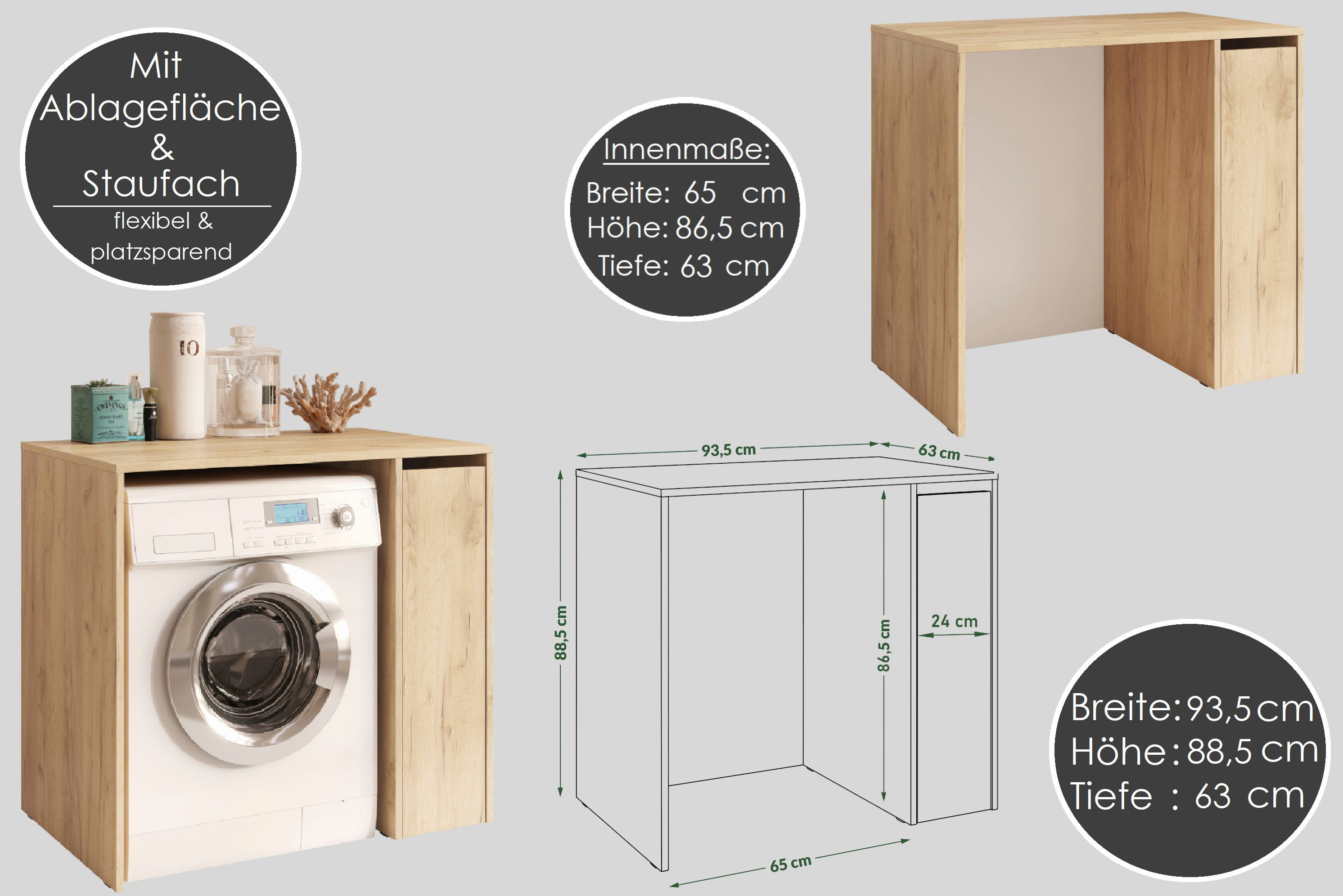 designimpex Waschmaschinenumbauschrank Carl Svensson W-222 Waschmaschinenschrank Ablage Badezimmerschrank Badezimmerschrank Waschmaschinenunterschrank Waschmaschinenmöbel Küche