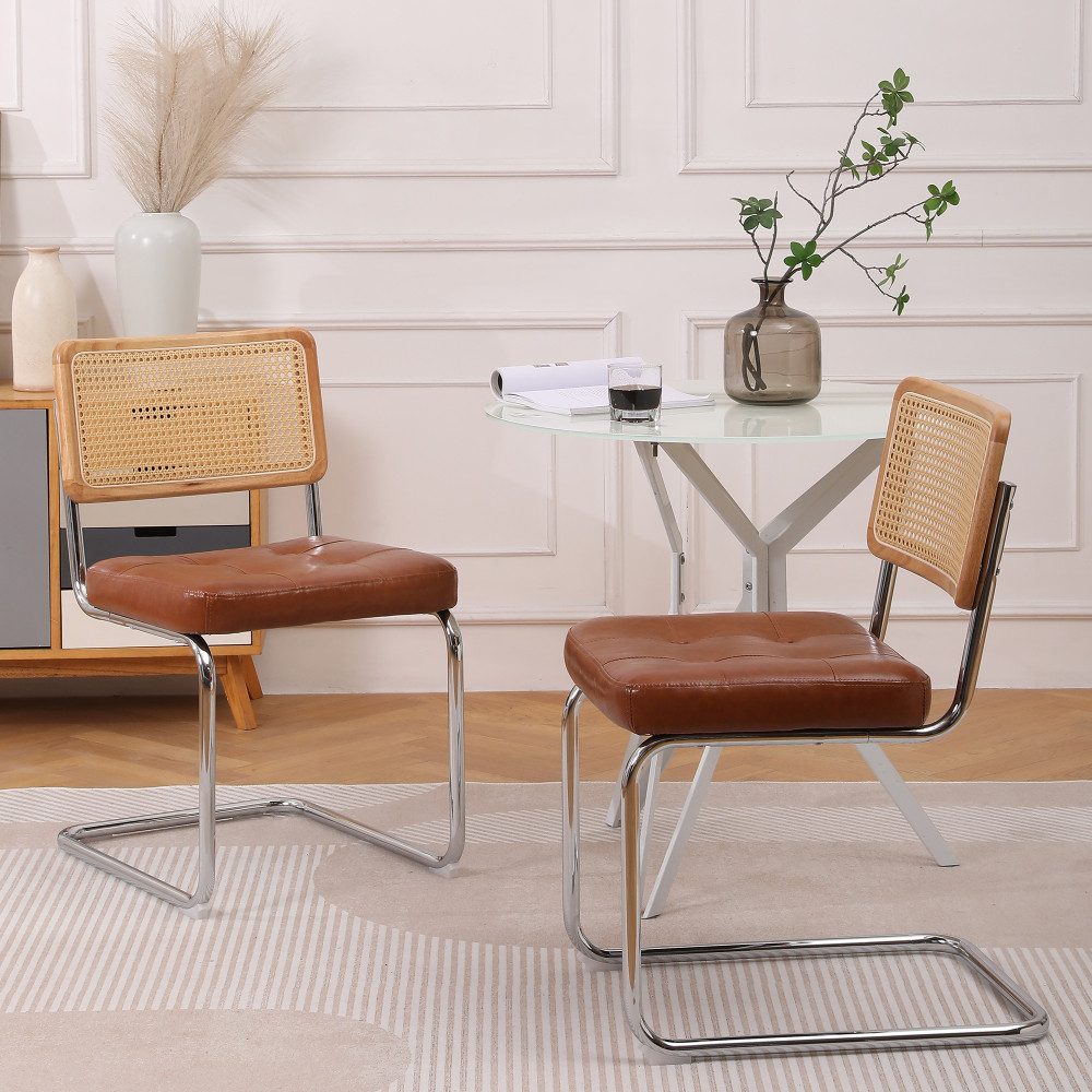 BBG Esszimmerstuhl 2er Set Esszimmerstühle Freischwinger, Moderner Küchenstuhl (Metallgestell Chrom, Wohnzimmer Stuhl Braun/Schwarz, 2 St), Mid Century Rattan Stuhl mit Kunstleder Sitz gepolstert