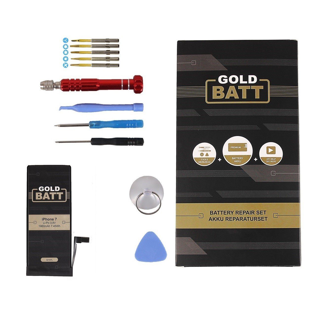 Akku passend für Apple iPhone 7 mit Werkzeug Reparatur Set + Anleitung Premium Batterie Akku Ersatzakku Akku 1960 mAh (3,8 V, 1 St), 100% kompatibel, optimale Passgenauigkeit