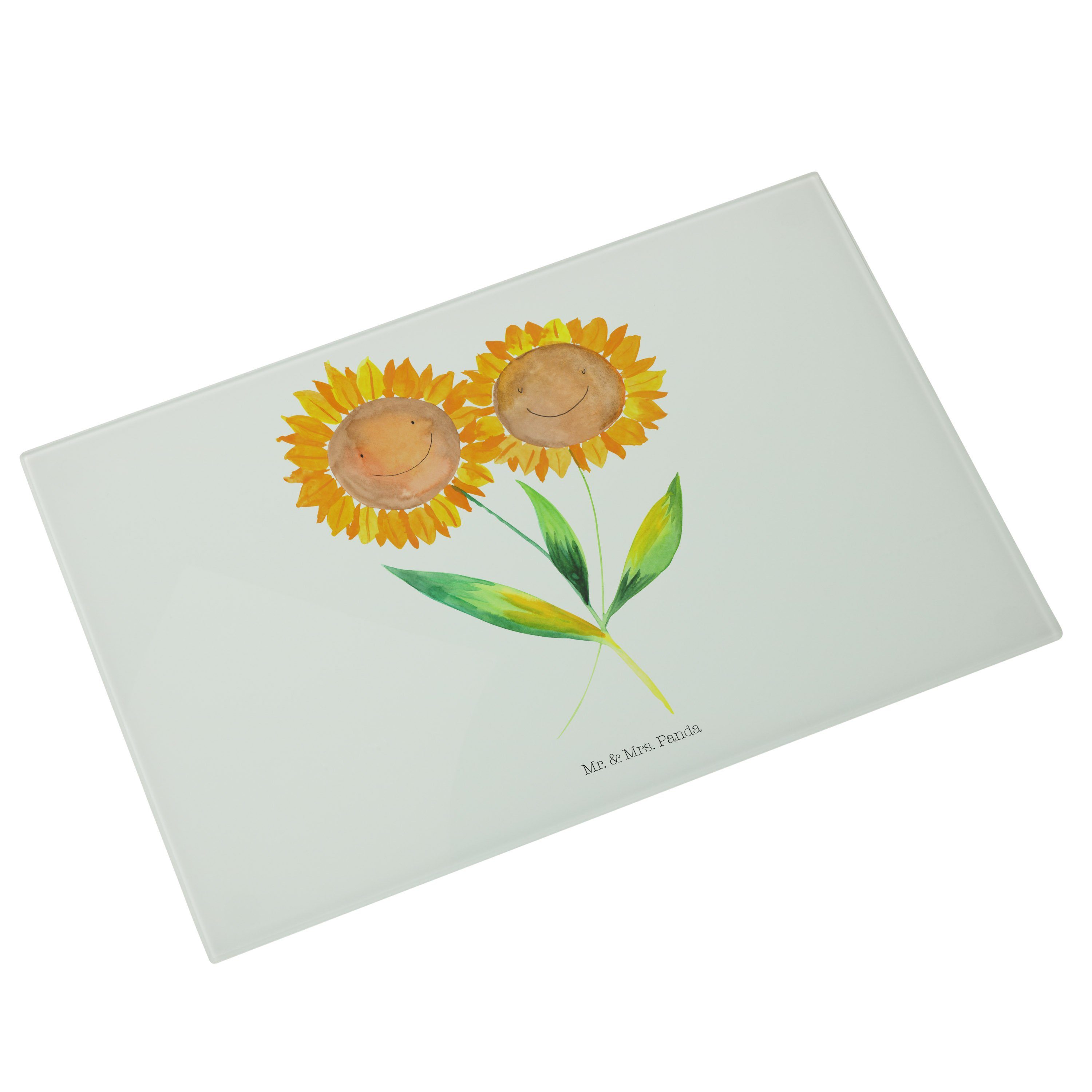 Mrs. Glas, - Panda & (1-St) Servierbrett Sonnenblume - Premium Mr. Lieblingsmensch, Weiß Geschenk, Blumen, Glass, Garten,