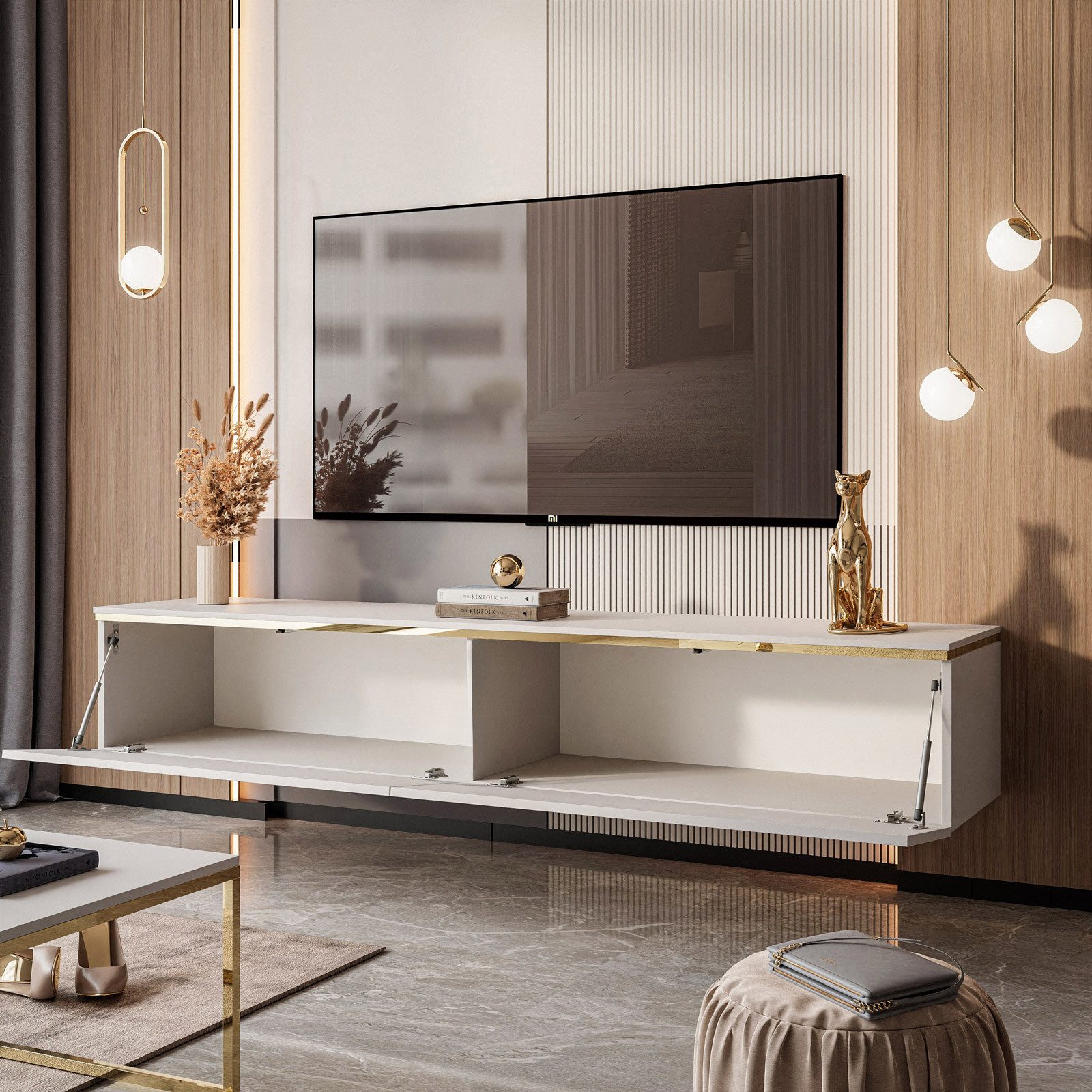 ALLHOUSE24 TV-Schrank PEONY Weiß/Schwarz/Kaschmir, hängend oder mit goldenen Beinen (1x TV Schrank) Breite 180 cm