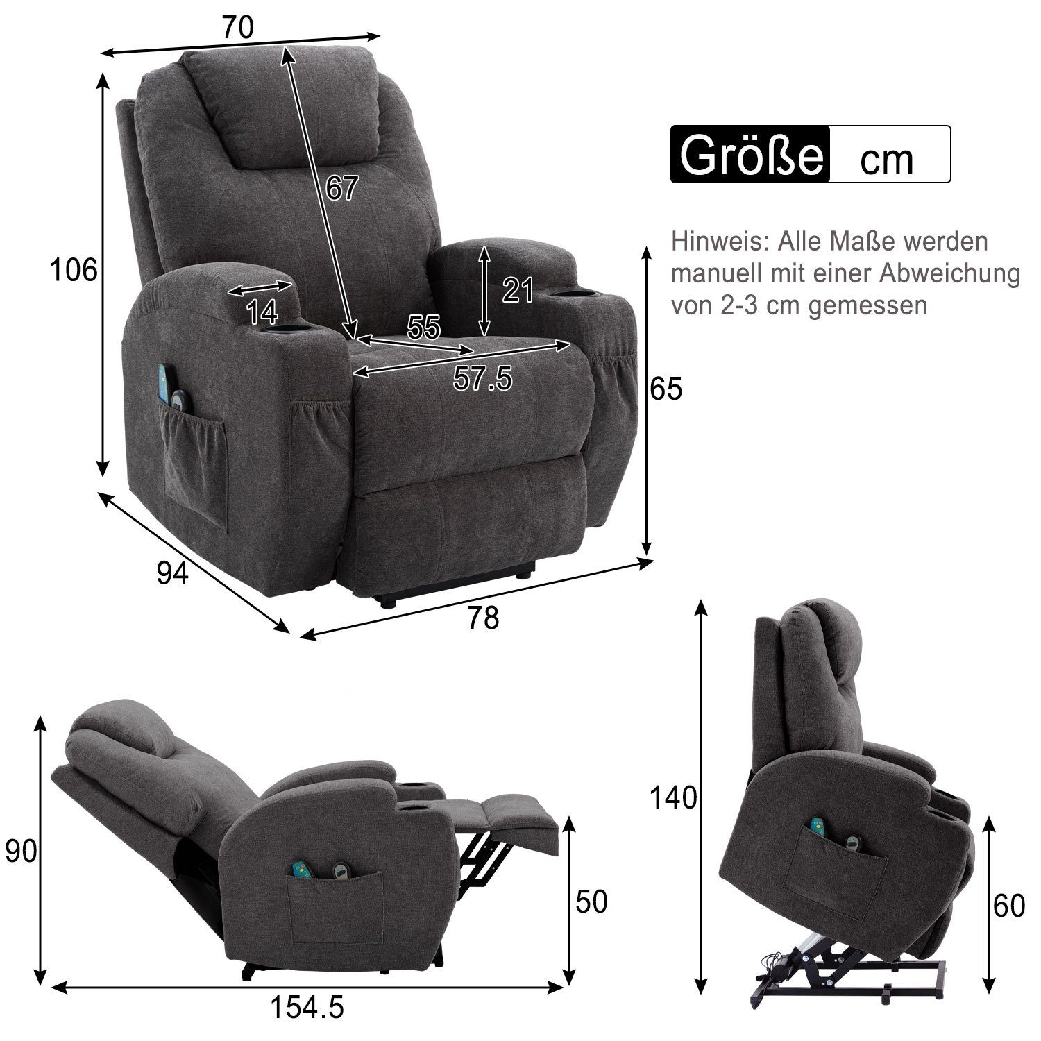 Merax TV-Sessel Vibrationsmassage, Wärmefunktion und mit Dunkelgrau relaxfunktion, Fernbedienung Massagesessel und USB