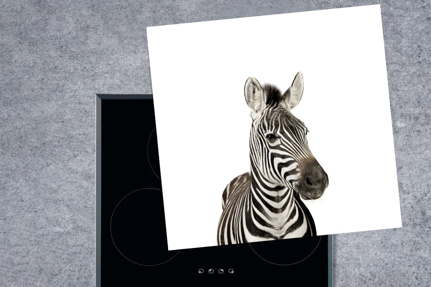 - MuchoWow Kinder 78x78 Ceranfeldabdeckung, Arbeitsplatte für - - Porträt Vinyl, Herdblende-/Abdeckplatte Mädchen, Weiß küche Zebra (1 Tiere cm, - - tlg),