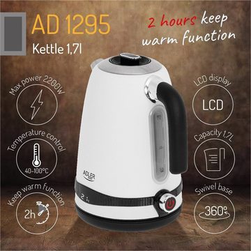 JUNG Wasserkocher ADLER AD1295W Wasserkocher mit Temperatureinstellung Digital Kettle, 1,7 l, 2200,00 W, Edelstahl LCD Display 360° Basis, Wasserkessel Wasser kochen Kettle