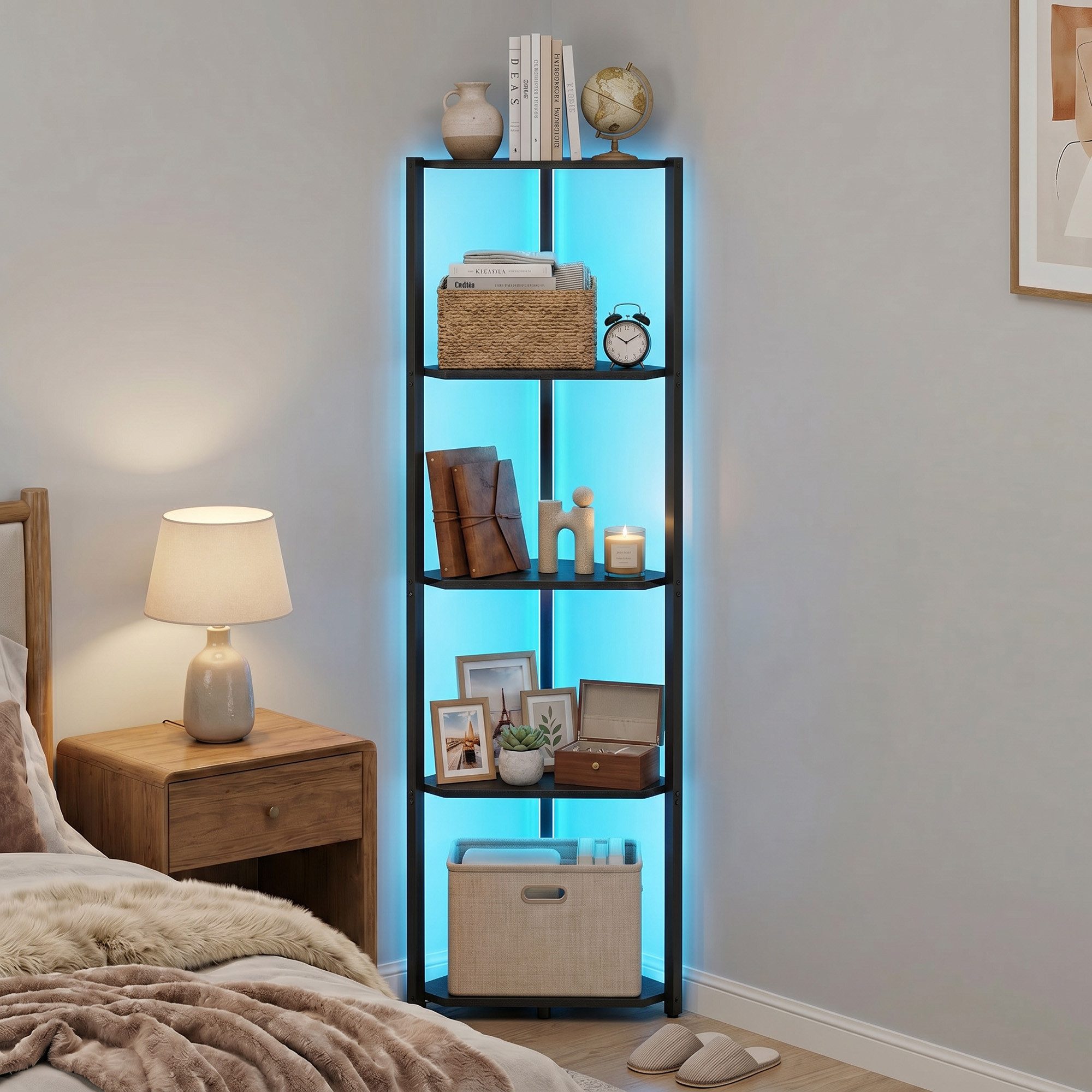 VASAGLE Eckregal Regal mit Stahlrahmen, für Wohnzimmer, Schlafzimmer, Arbeitszimmer, Eckregal mit 5 Ebenen, 24,8 x 48 x 146,6 cm