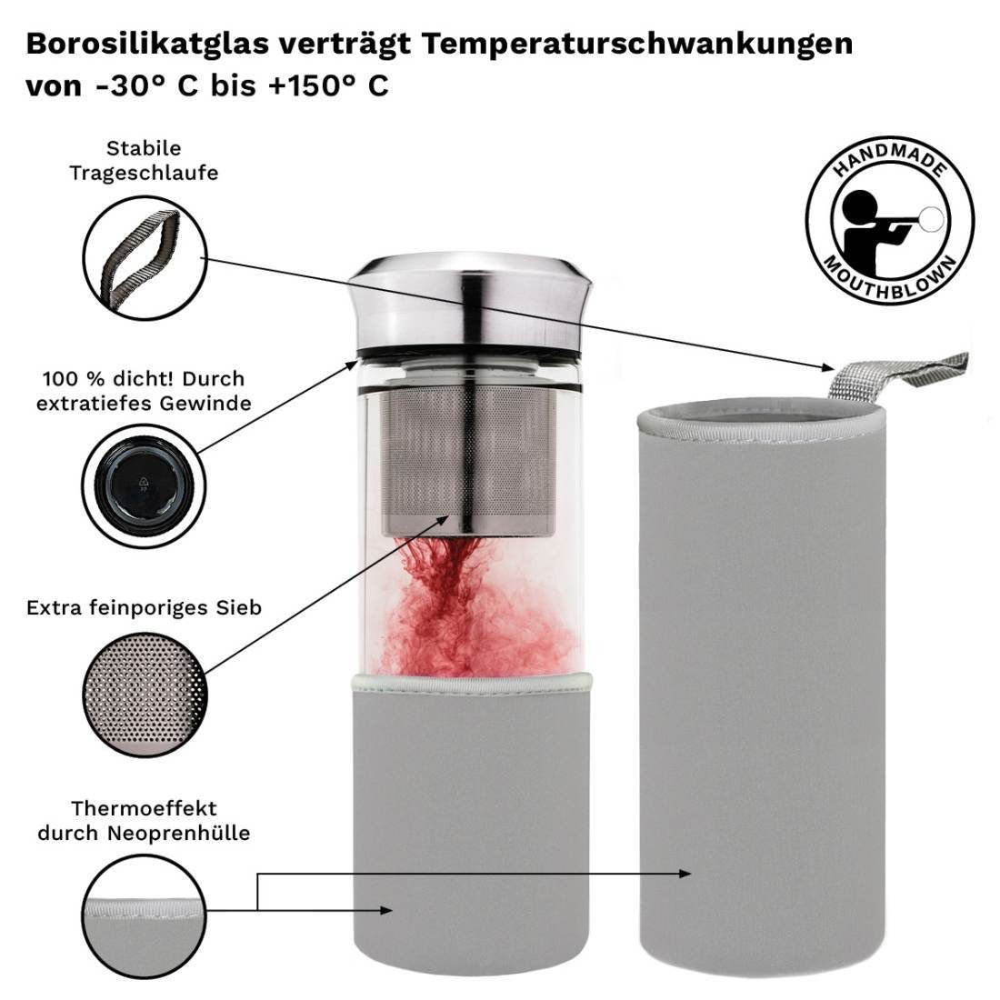 Creano Thermoflasche Teamaker „Grau“ Edelstahldeckel ml, 400