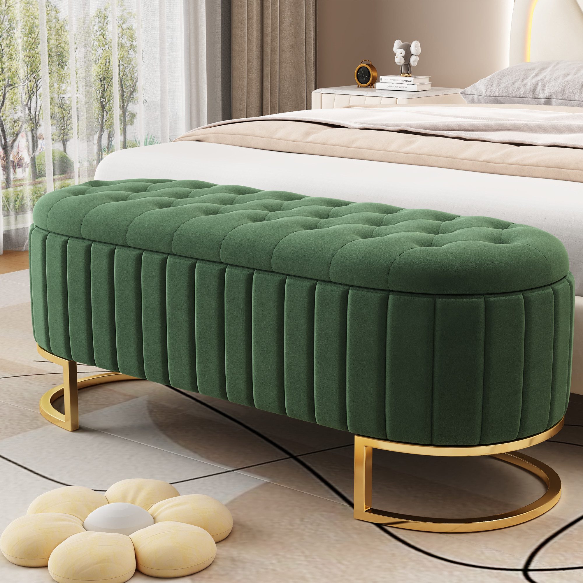 REDOM Polsterbank Stauraum-Fußbank 120 x 40 cm mit gepolstertem Samtstoff (als Schlafkoffer und Sofabank nutzbar – Praktisch und stilvoll mit Stauraum, Bettbank Sitzbank)