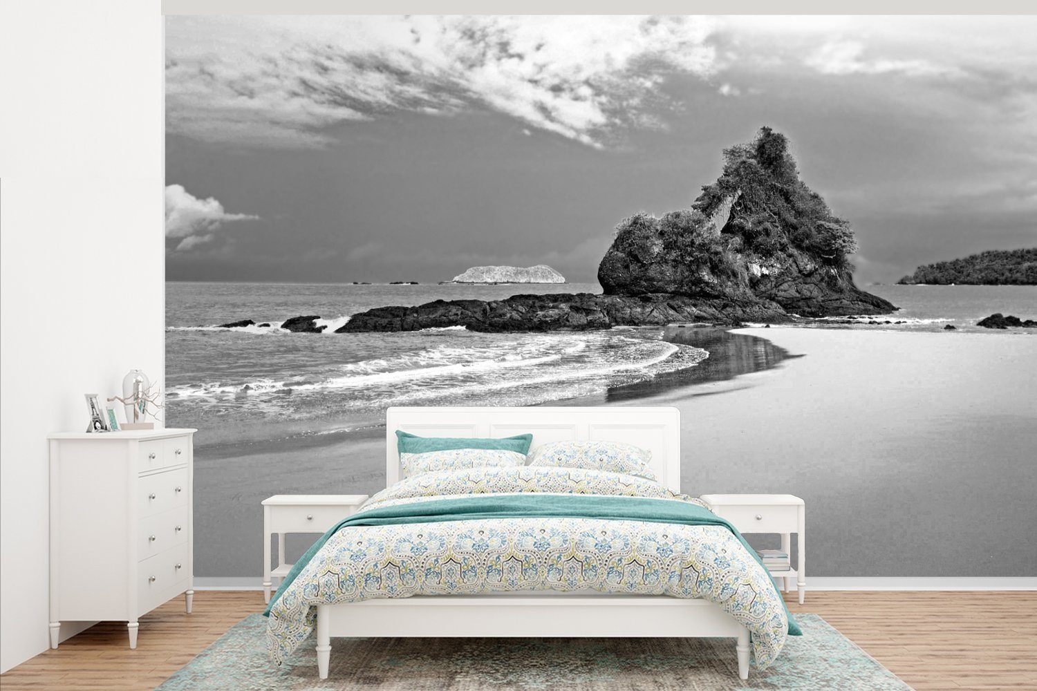 MuchoWow Fototapete Das Paradies am Strand von Costa Rica in Schwarz und Weiß, Matt, bedruckt, (7 St), Montagefertig Vinyl Tapete für Wohnzimmer, Wandtapete