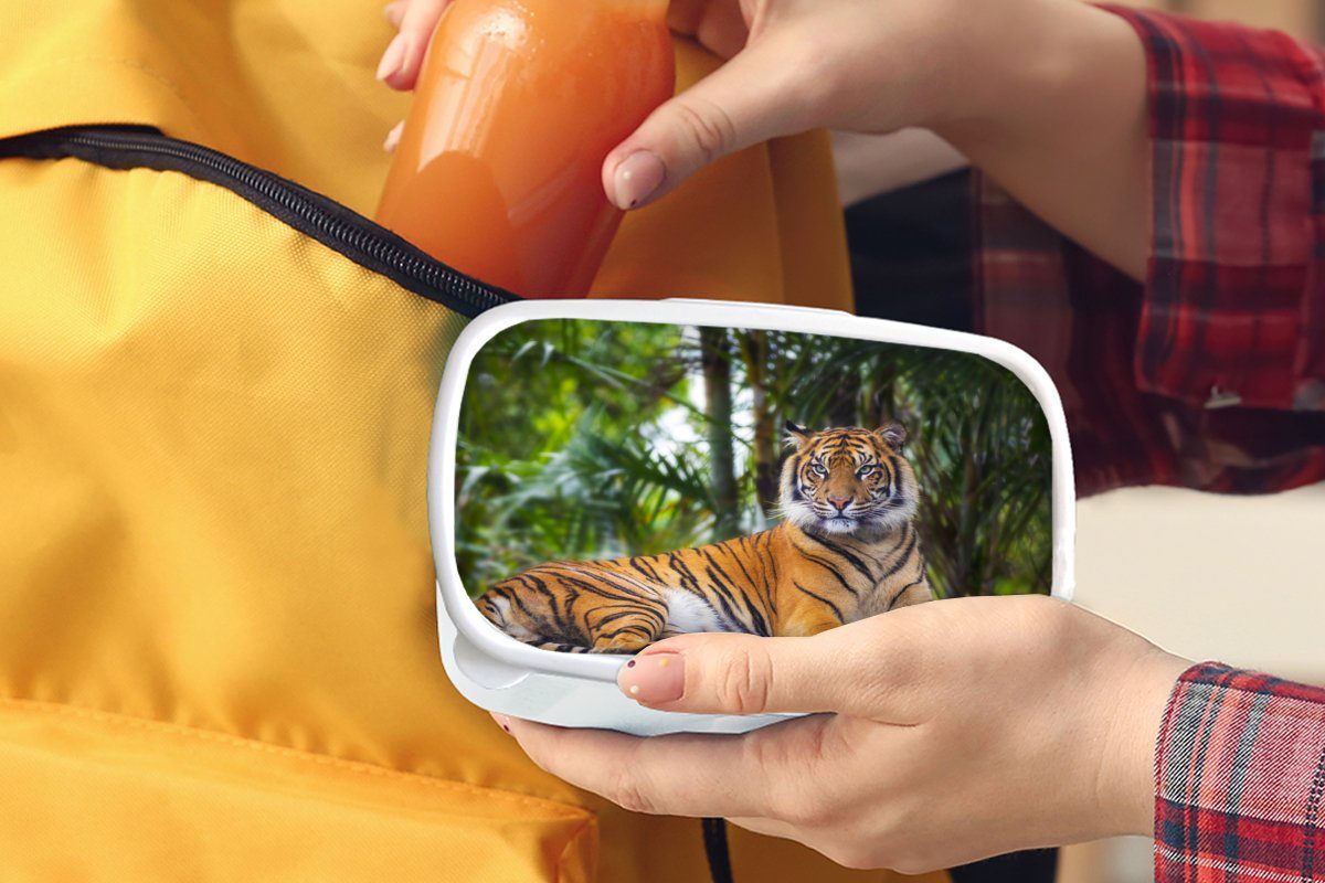 Lunchbox - Kunststoff, weiß MuchoWow (2-tlg), Jungs für und Mädchen Wald Tiere - - Kinder Dschungel, Erwachsene, Tiger und Brotbox Brotdose, für