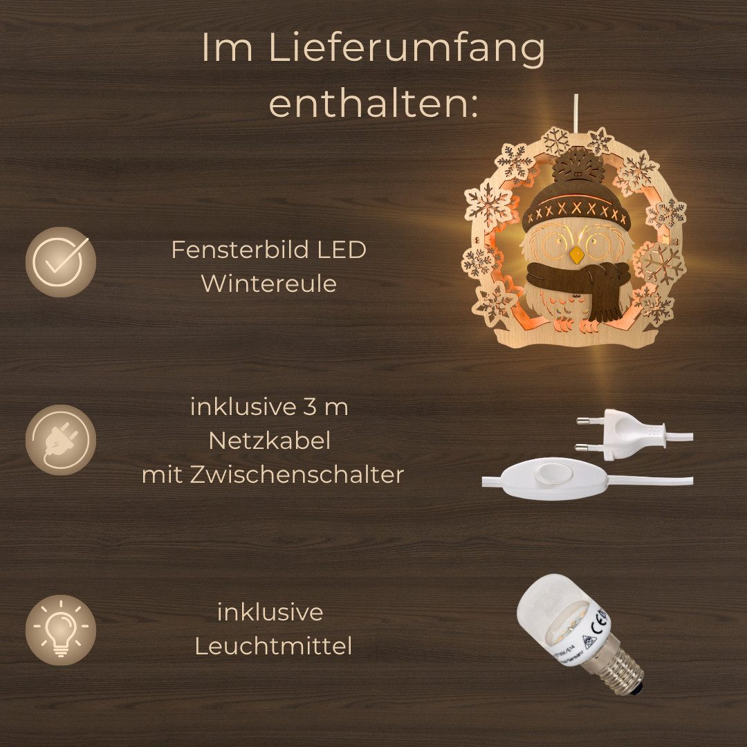 Weigla LED Dekolicht Wintereule, beleuchtetes Fensterbild, NATUR-BRAUN, LED wechselbar, Holzkunst aus dem Erzgebirge
