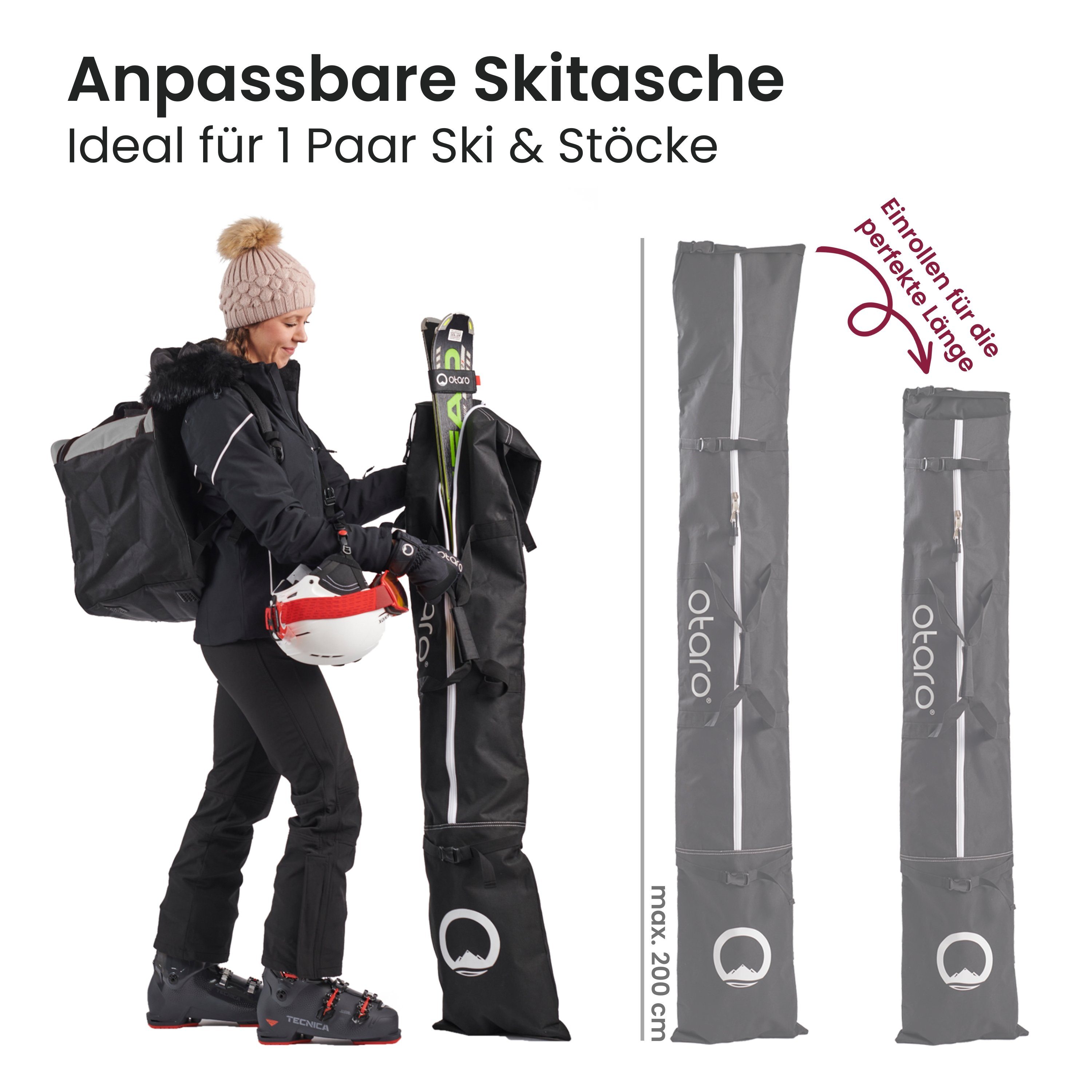 & längenverstellbar, Paar Skitasche Perfekt 2 Skifahren/Langlauf) zum Otaro Stöcke, Skisack oder Skitasche Ski für für Rolltop 1 Für Für 1 umhängen, (Schwarz) durchdacht, Paar Ski mit Schultergurt (Schutz