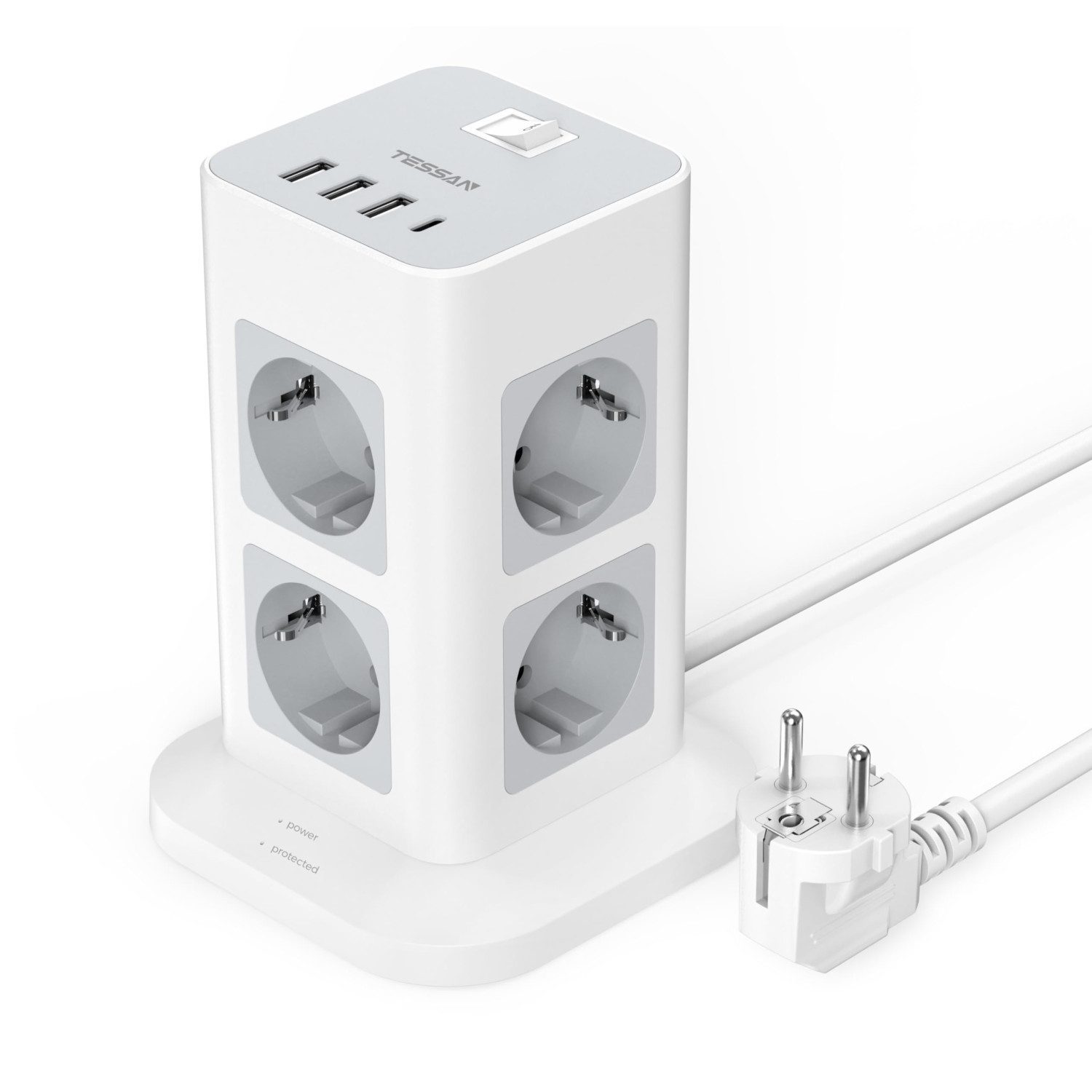 TESSAN 8 Fach Mehrfachsteckdose 4 USB Steckdosenleiste Kabel 2m Mehrfachsteckdose (Ein- / Ausschalter, USB-Anschlüsse, Schutzkontaktkupplung, Überspannungsschutz, Kabellänge 2 m)