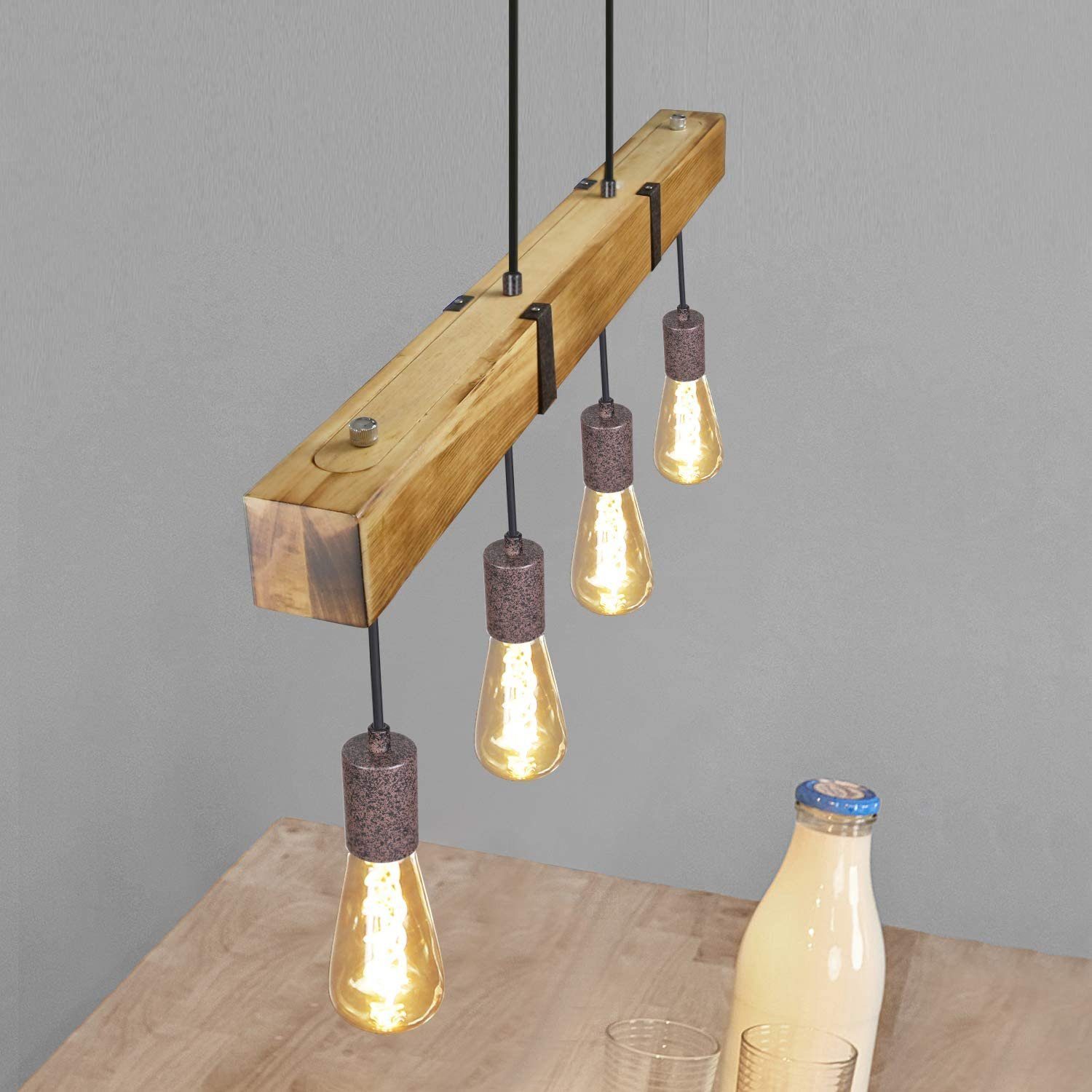 ZMH Pendelleuchte Holz Retro E27 Höhenverstellbar Industrial Esszimmer Küche Wohnzimmer, ohne Leuchtmittel