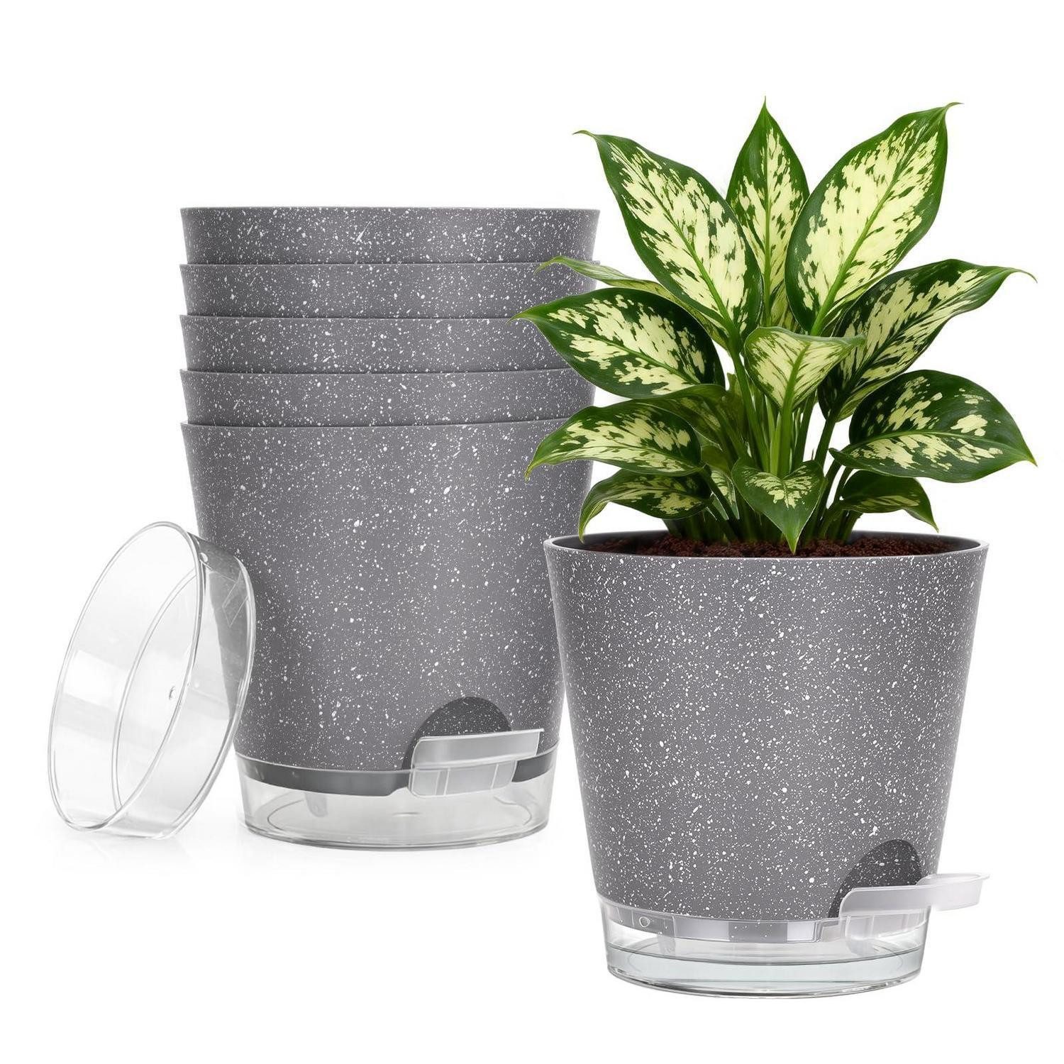 LuxusKollektion Blumentopf Pflanztopf Bewässerung 15cm Kunststoff Grau mit Weißen Flecken 6