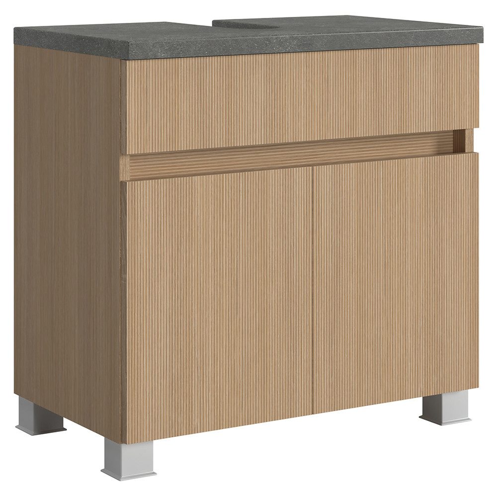 Lomadox Waschbeckenschrank BROBY-03 60cm breit in Eiche hell mit Steinoptik dunkel, stehend/hängend