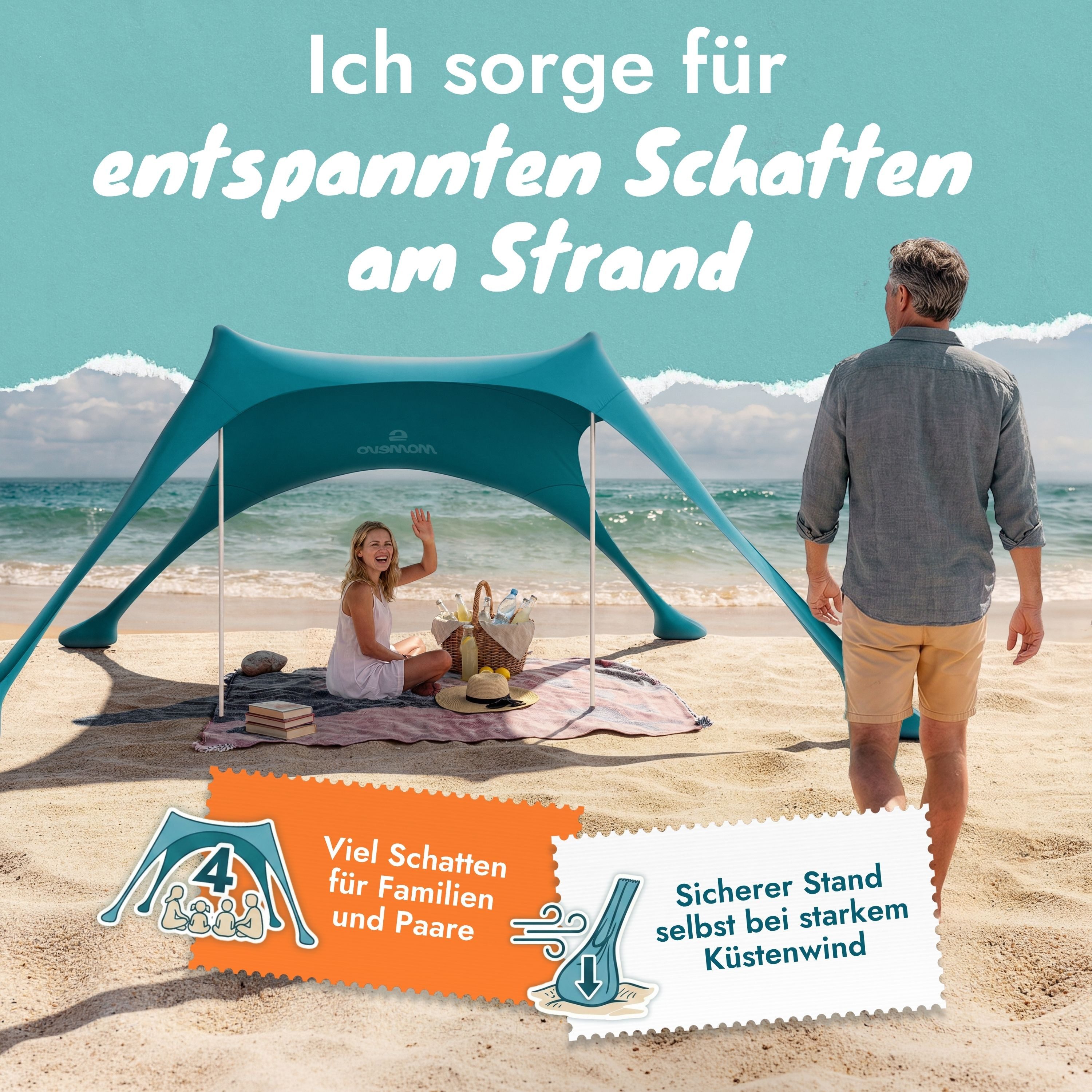 Momevo Strandmuschel Strandzelt mit UV Schutz 50+, zertifiziert für Kinder, Baby, Familien, Personen: 4