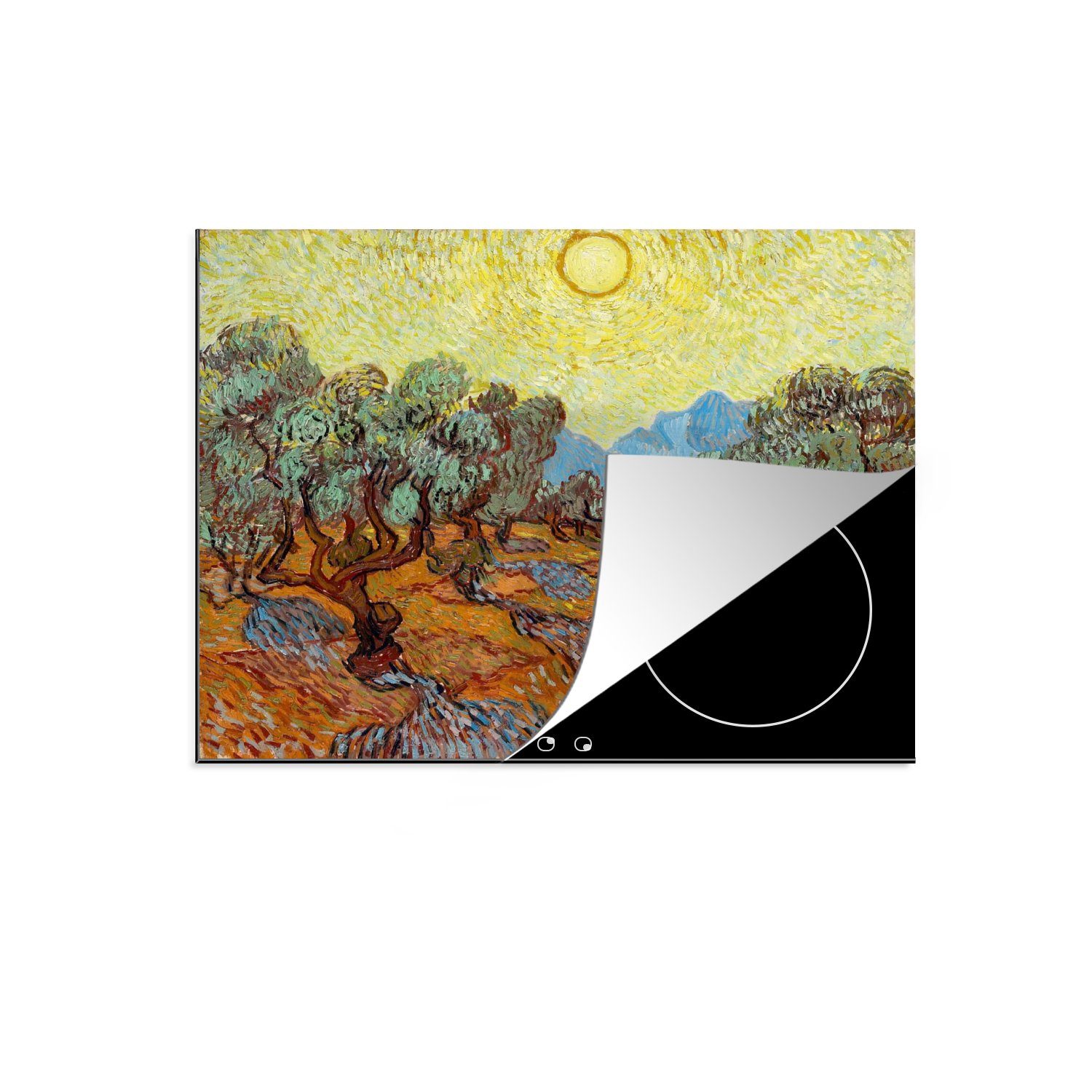 MuchoWow Herdblende-/Abdeckplatte Olivenbäume mit gelbem Himmel und Sonne - Vincent van Gogh, Vinyl, (1 tlg), 59x52 cm, Ceranfeldabdeckung für die küche, Induktionsmatte