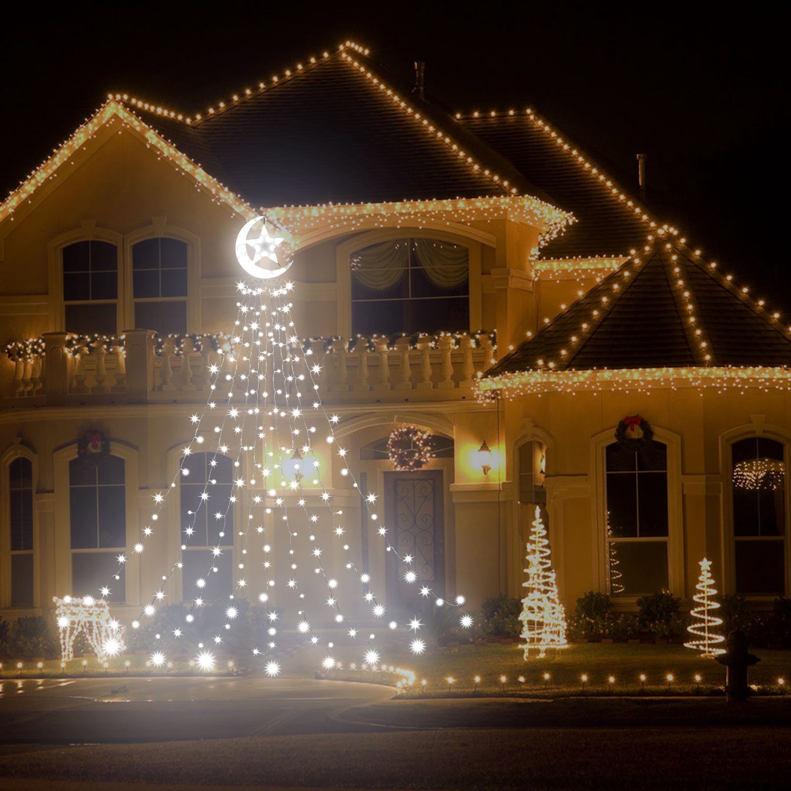 Lichterkette, Moon Topper 350-flammig, Weiß Weihnachtsbaum Star,Christbaumbeleuchtung,8-Modi,Timer,IP44 LED-Lichterkette Laybasic mit LED-Lichterkette,Christbaumbeleuchtung,LED