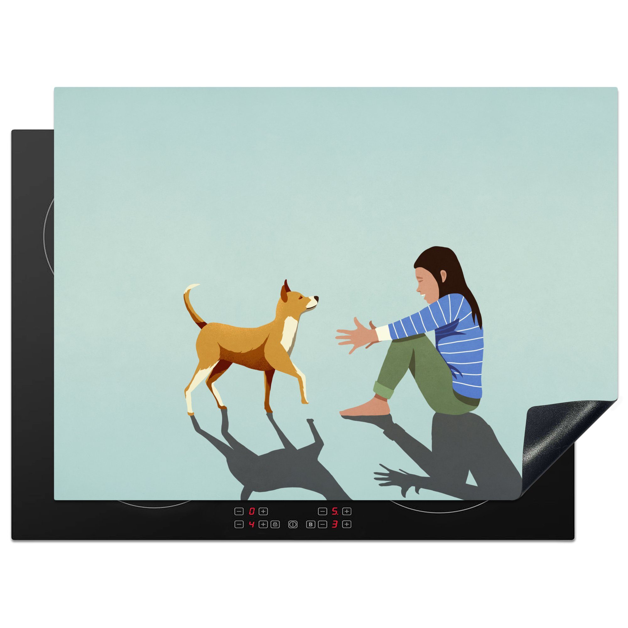 MuchoWow Herdblende-/Abdeckplatte Illustration eines Hundes und seines Besitzers, Vinyl, (1 tlg), 70x52 cm, Mobile Arbeitsfläche nutzbar, Ceranfeldabdeckung