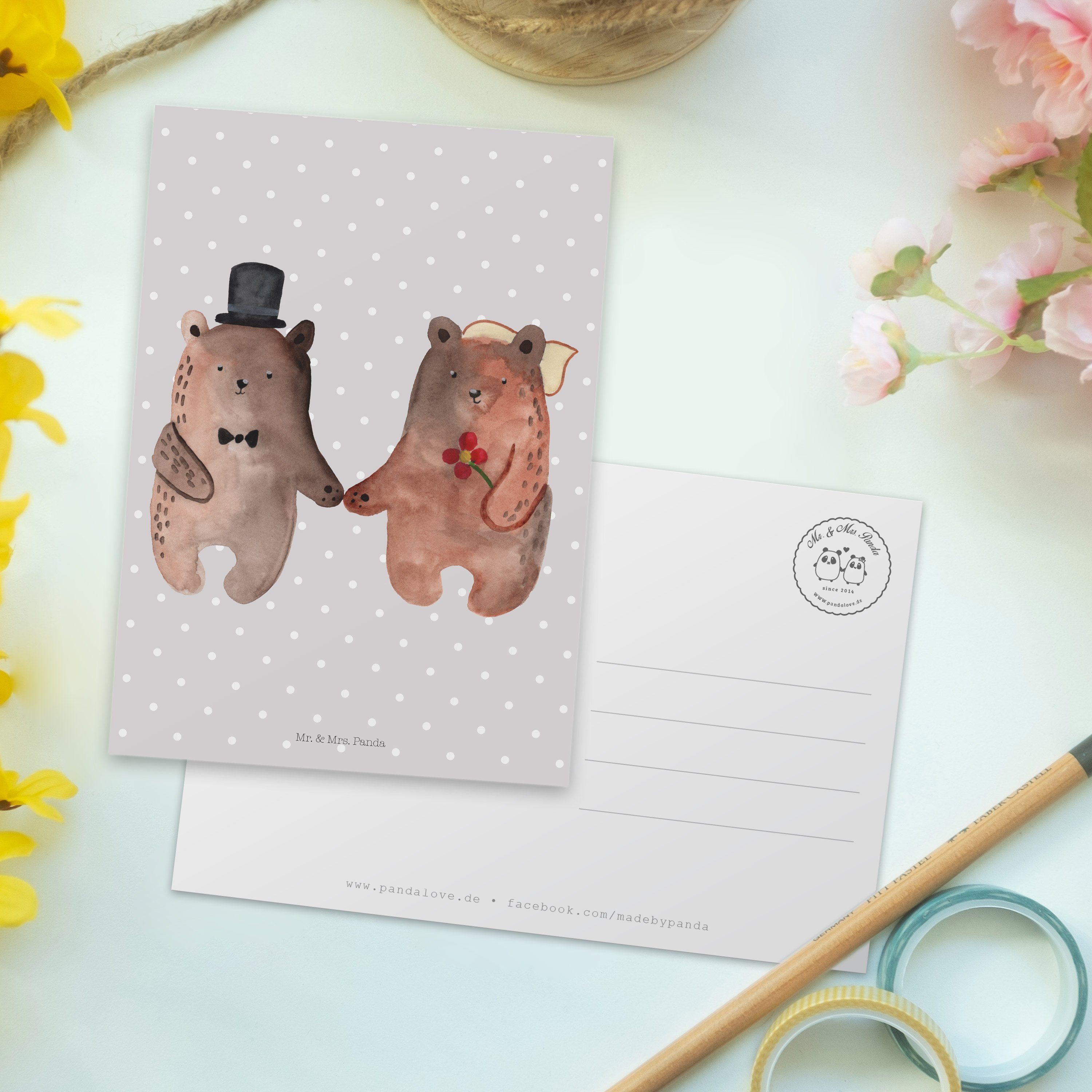 Grau Bär Heirat Postkarte Mr. Mrs. - Panda Geburtstagskarte, Teddyb - Teddy, Geschenk, Pastell &