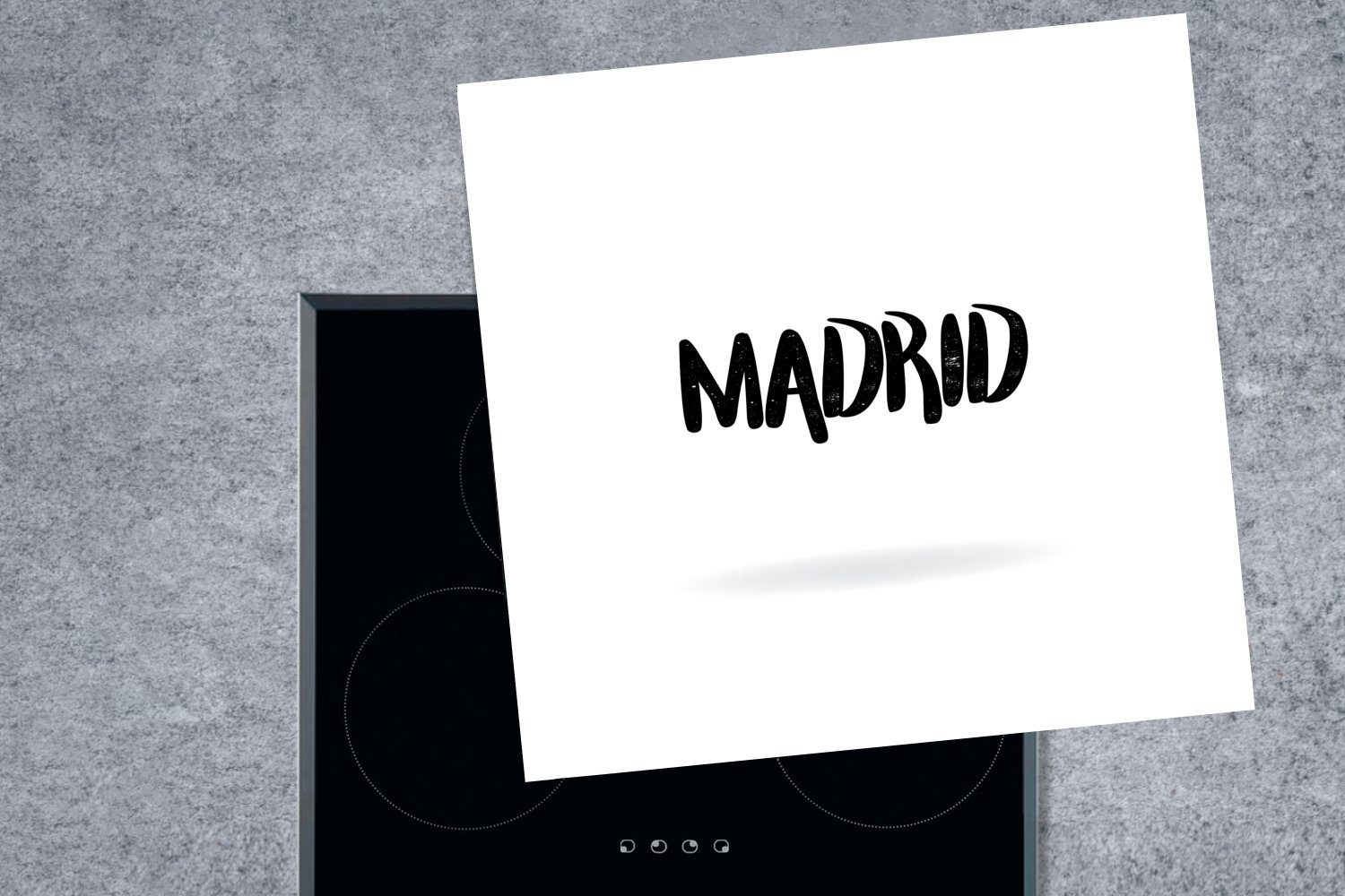 MuchoWow Herdblende-/Abdeckplatte Schwarz-weiße Illustration von Großbuchstaben, Madrid cm, mit Ceranfeldabdeckung, für küche 78x78 Arbeitsplatte Vinyl, (1 tlg)