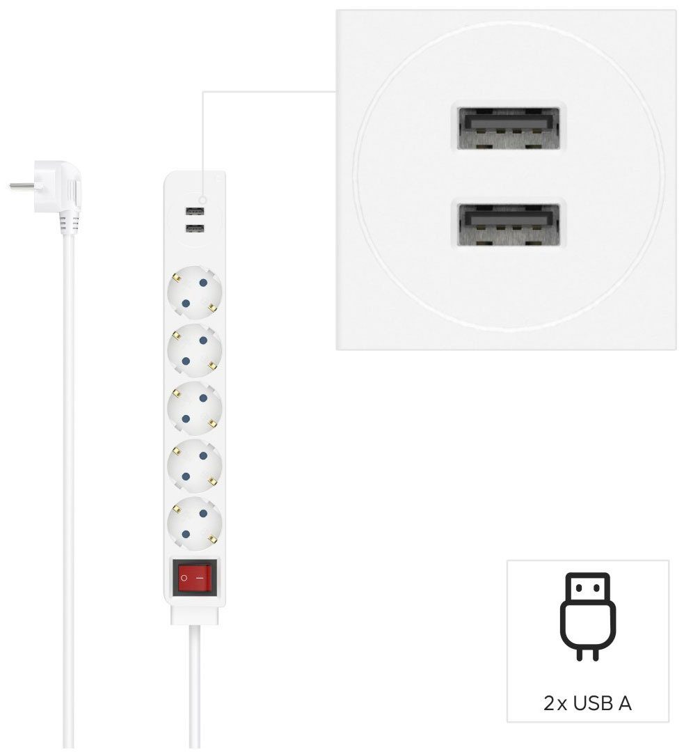 Hama Steckdosenleiste 7-fach (Ein- / Ausschalter, USB-Anschlüsse, Schutzkontaktkupplung, Schutzkontaktstecker, Kabellänge 1,4 m), 2 x USB-A weiß