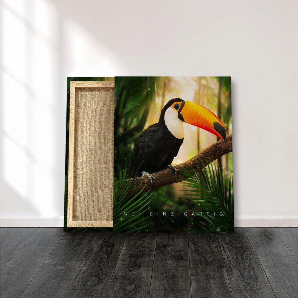 DOTCOMCANVAS® Leinwandbild Rahmen Englisch, orange schwarz Vogel grün Motivation BE Dschungel BE ohne weiß rot Wandbild UNIQUE