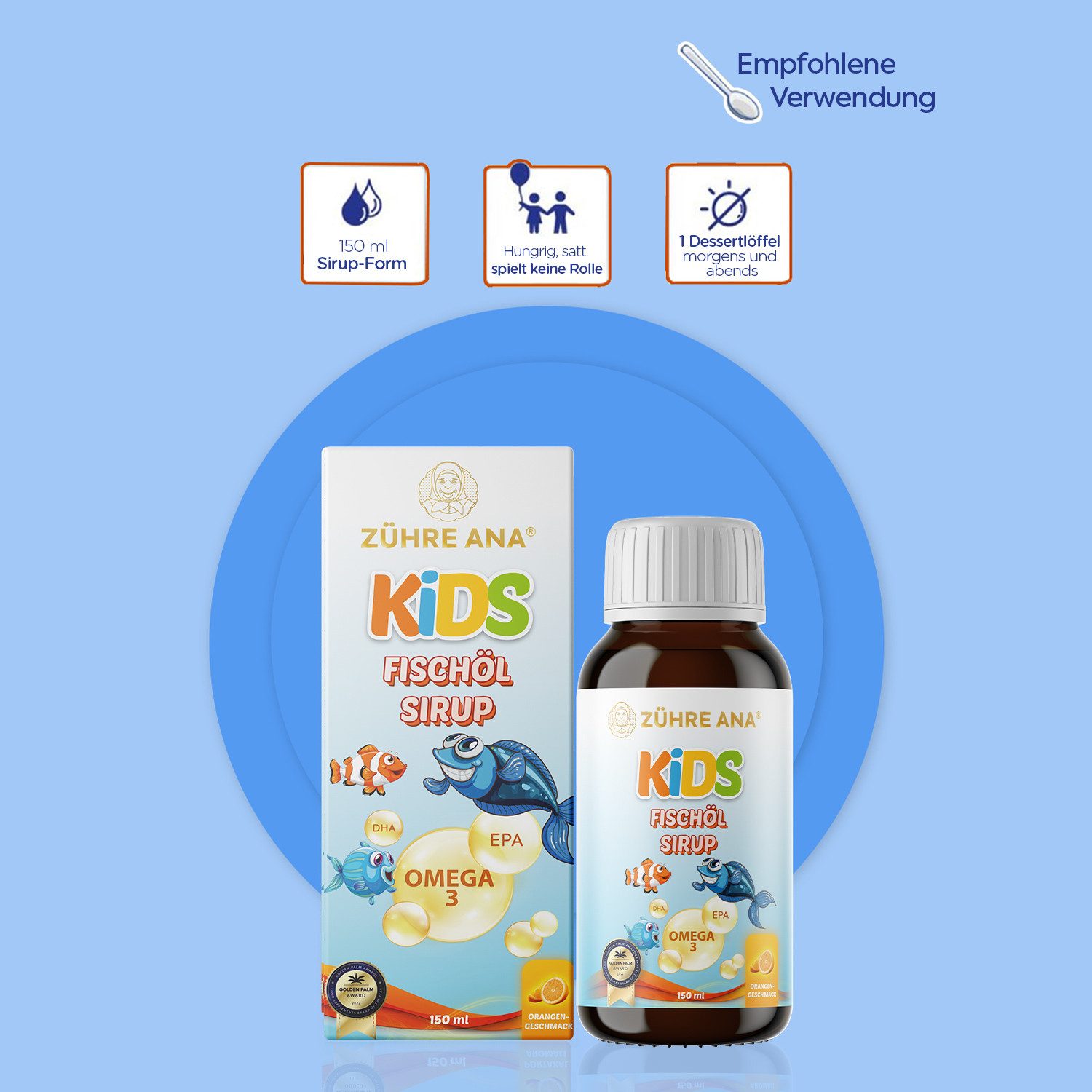 Zühre Ana® KIDS FISH OIL SIRUP mit Omega-3–Natürliche Vitaminquelle für Wachstum Sirup, 150 ml, KIDS FISCHÖL SIRUP - OMEGA-3, Die Grösste Unterstützung für Knochen