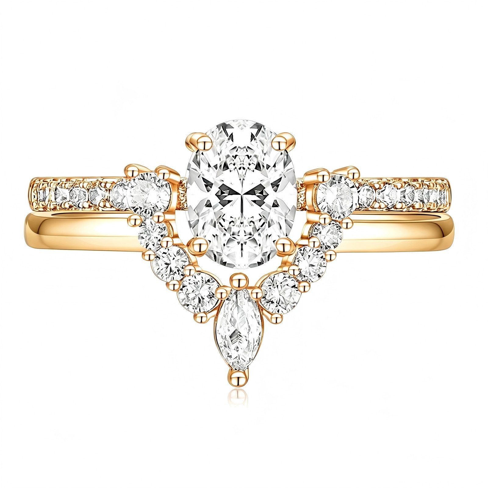 Jumpeak Diamantring Ring mit einem ovalen Diamanten von 1,5ct, Damenring-Set aus 585 Gold, 585er Platin-/Roségold-Ring-Set, Eheringe aus echtem Gold, IGI