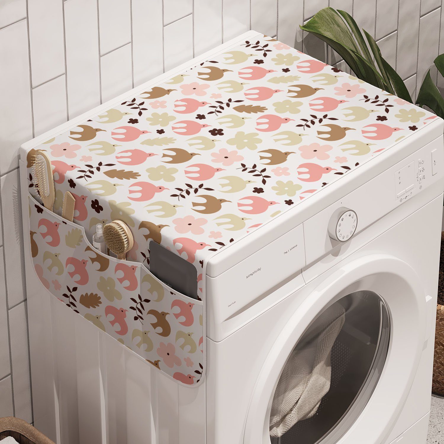 Abakuhaus Badorganizer Anti-Rutsch-Stoffabdeckung für Waschmaschine und Trockner, Vögel Pastell Vögel Blumen-Blätter