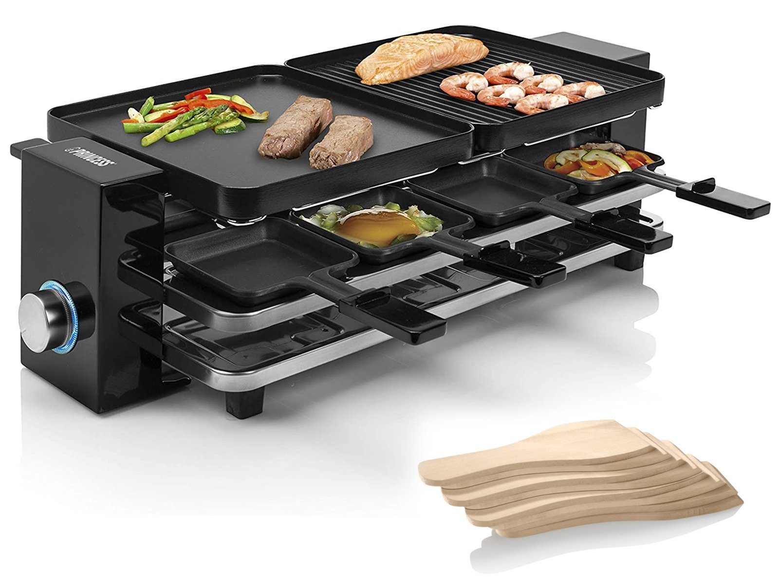 PRINCESS Raclette, 8 Raclettepfännchen, 1200 W, Elektro Tischgrill für 2-8 Personen mit Parkdeck für Pfännchen