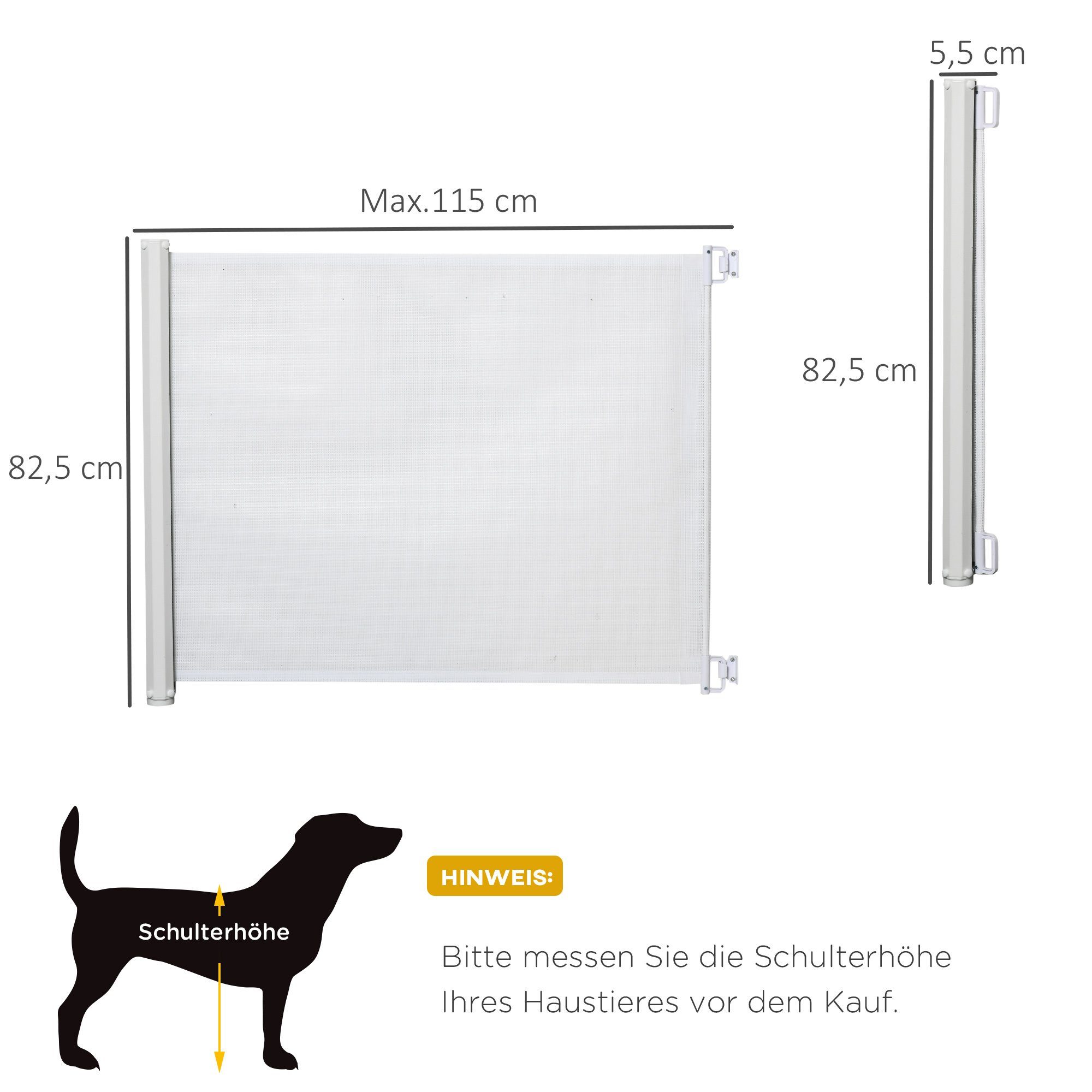 PawHut Hundegitter Treppenschutzgitter Hunde Türschutzgitter (ausziehbare Treppenschutzrollo, 1 St., Sicherheitstrennwand), Weiß 5,5-115 x 5,5 x 82,5 cm – Bild 3 von 5