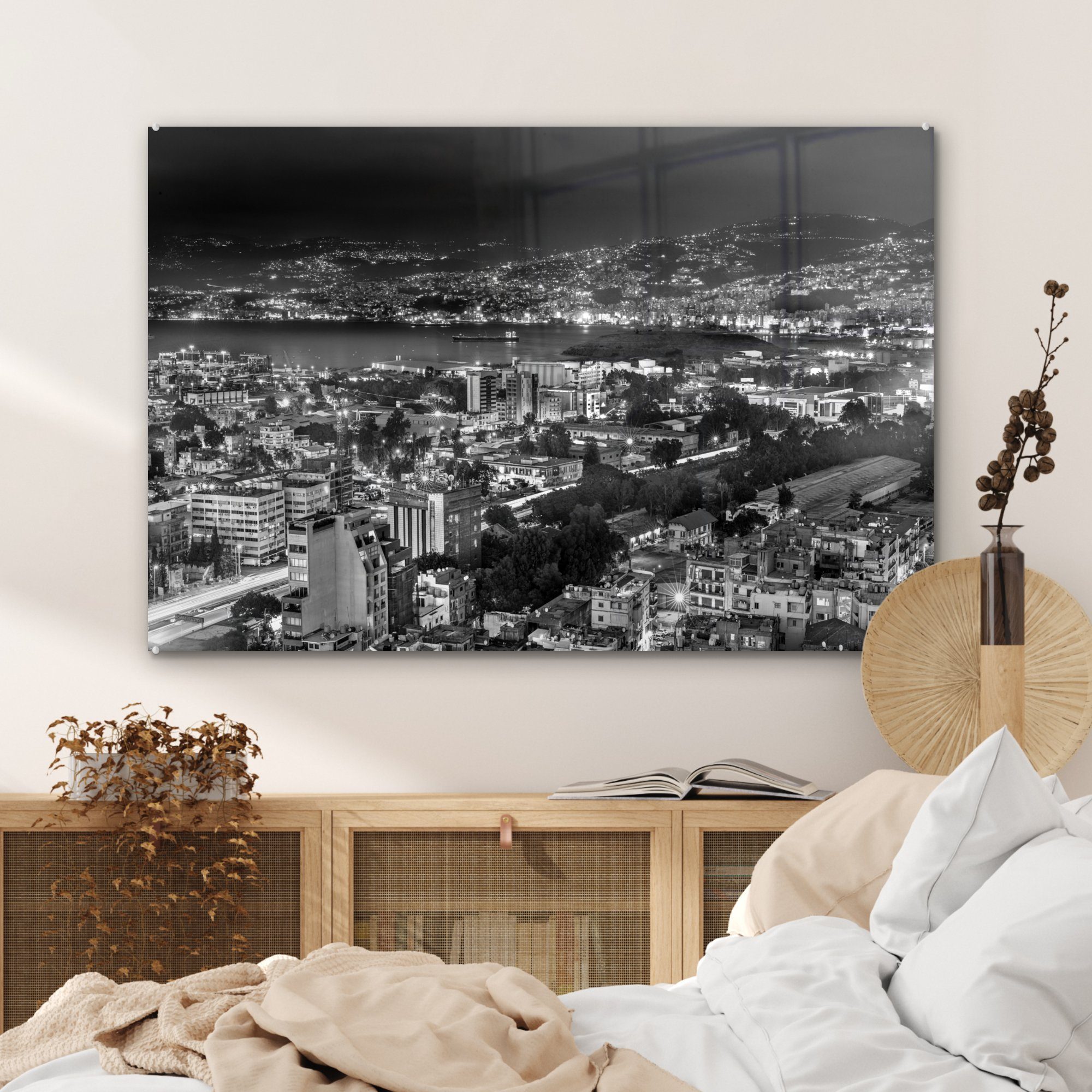 Beirut Wohnzimmer Acrylglasbild von im MuchoWow Libanon - Schlafzimmer schwarz-weiß, Acrylglasbilder St), & Abendfoto (1