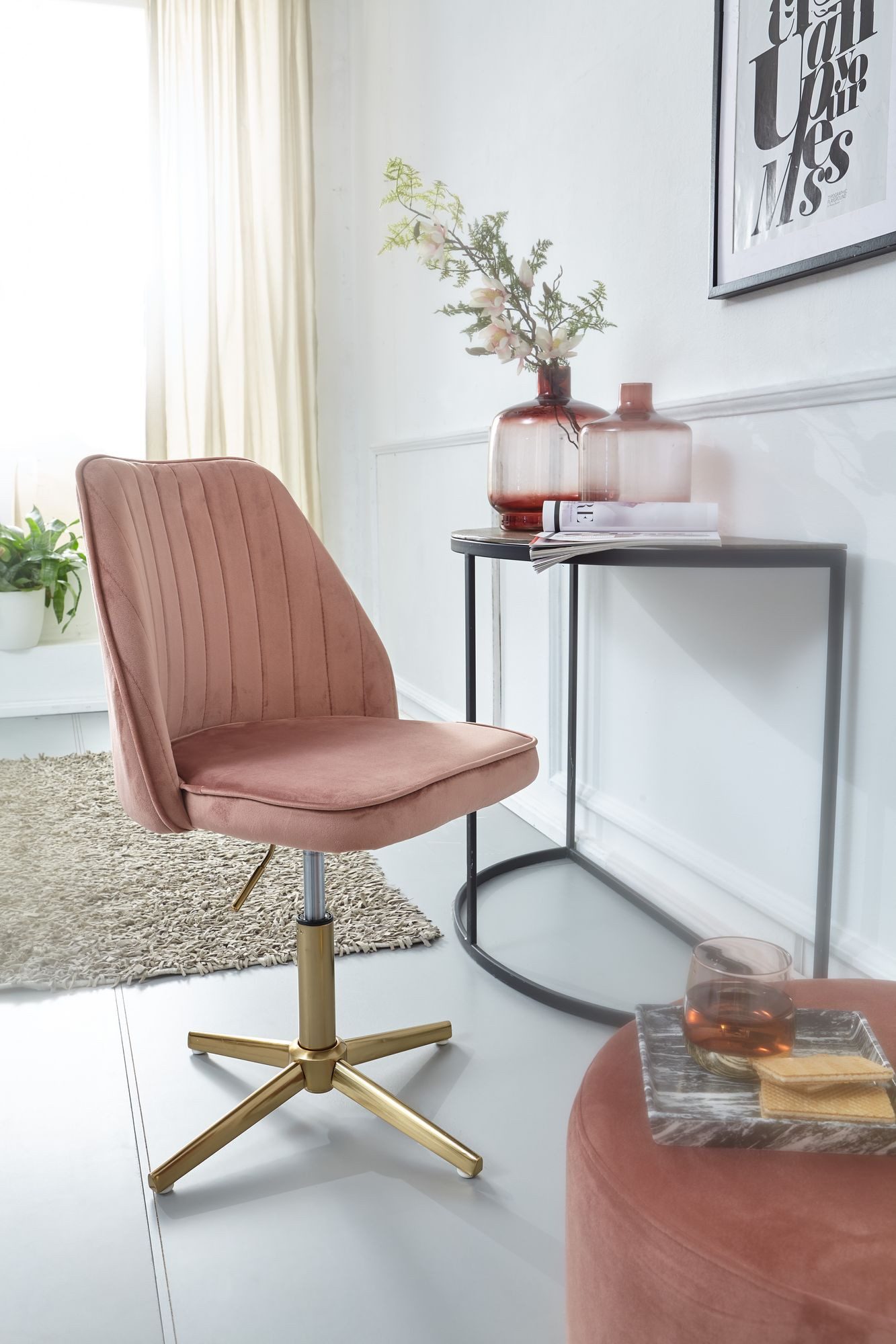 Wohnling Drehstuhl Rosa Samt Schreibtischstuhl Drehbar Schalenstuhl Home Office (Design Schalenstuhl Drehbar mit Lehne, Samt Rosa), Drehbar, Schreibtischstuhl 120 kg Höhenverstellbar
