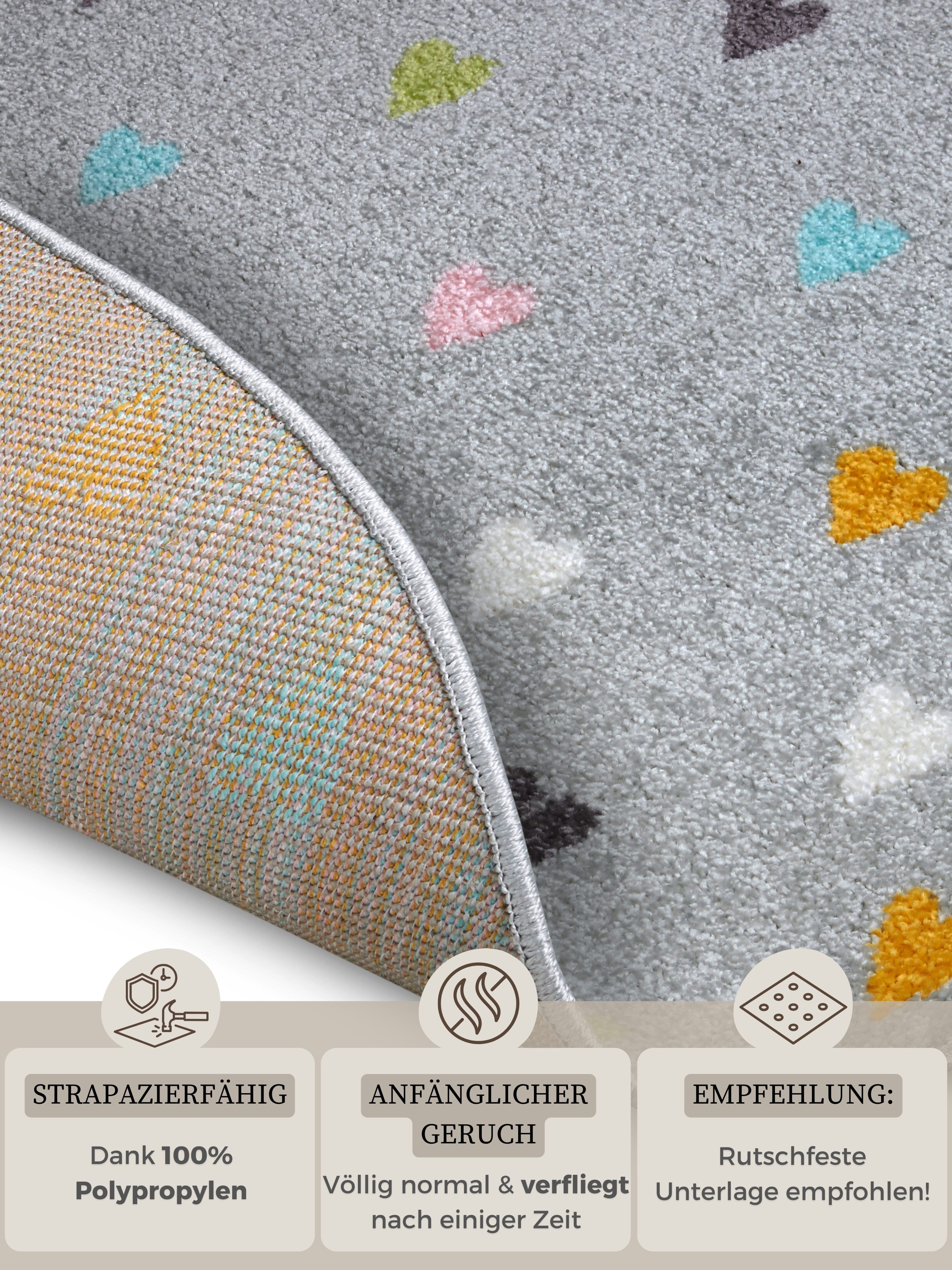 HANSE Home Kinderteppich Adventures Little Hearts, rund, Höhe: 7 mm, Spielteppich, fest, Kinderzimmer, Kurzflor, Spielunterlage