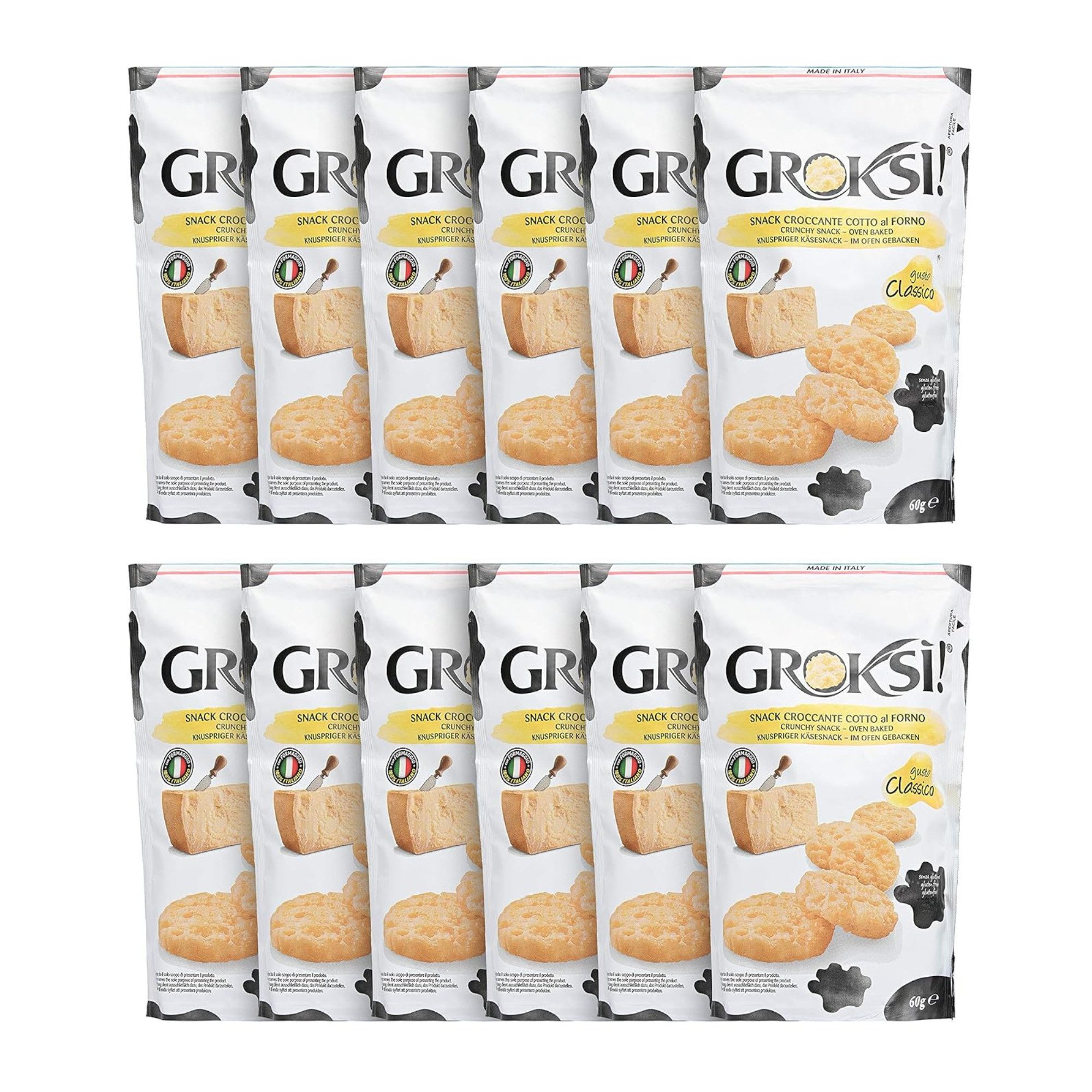 Groksi! Knabberei GROKSi! Käse-Snack Classico 12x 60g, 12 x 60 g, (Classico 12x 60g, Käse-Snack aus Italien, Käse-Cracker, Protein Snack)