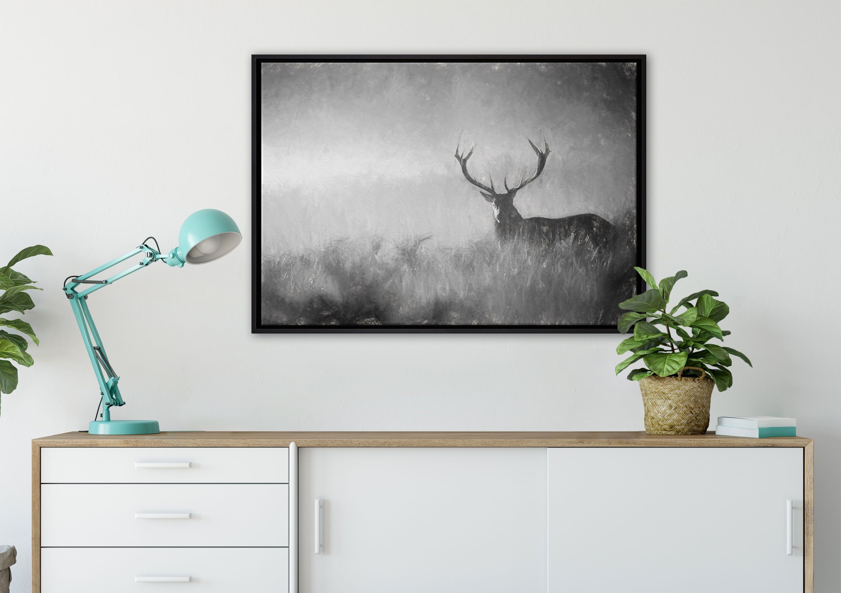 Leinwandbild (1 Wanddekoration Rotwild einem Zackenaufhänger inkl. fertig St), Nebel Pixxprint in gefasst, Kunst, im bespannt, Leinwandbild Schattenfugen-Bilderrahmen Hirsch