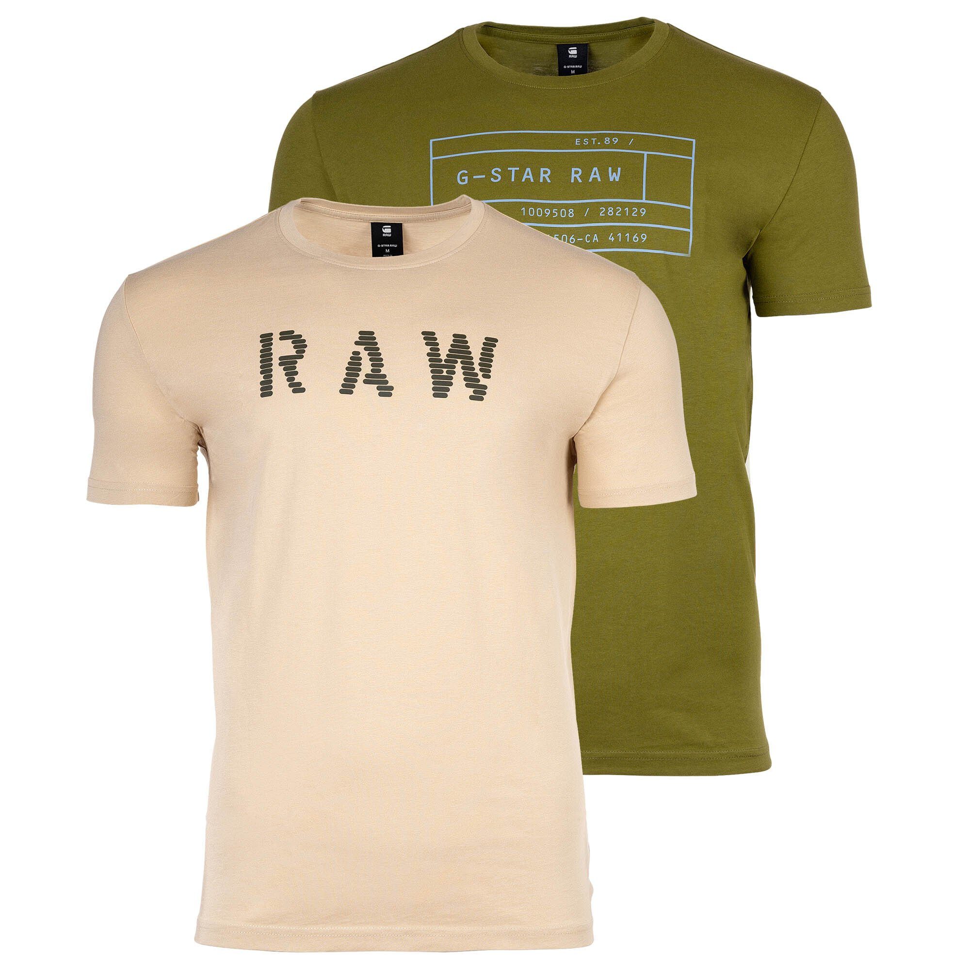 G-Star RAW T-Shirt Herren T-Shirt, 2er Pack - Graphic, Rundhals Grün/Beige