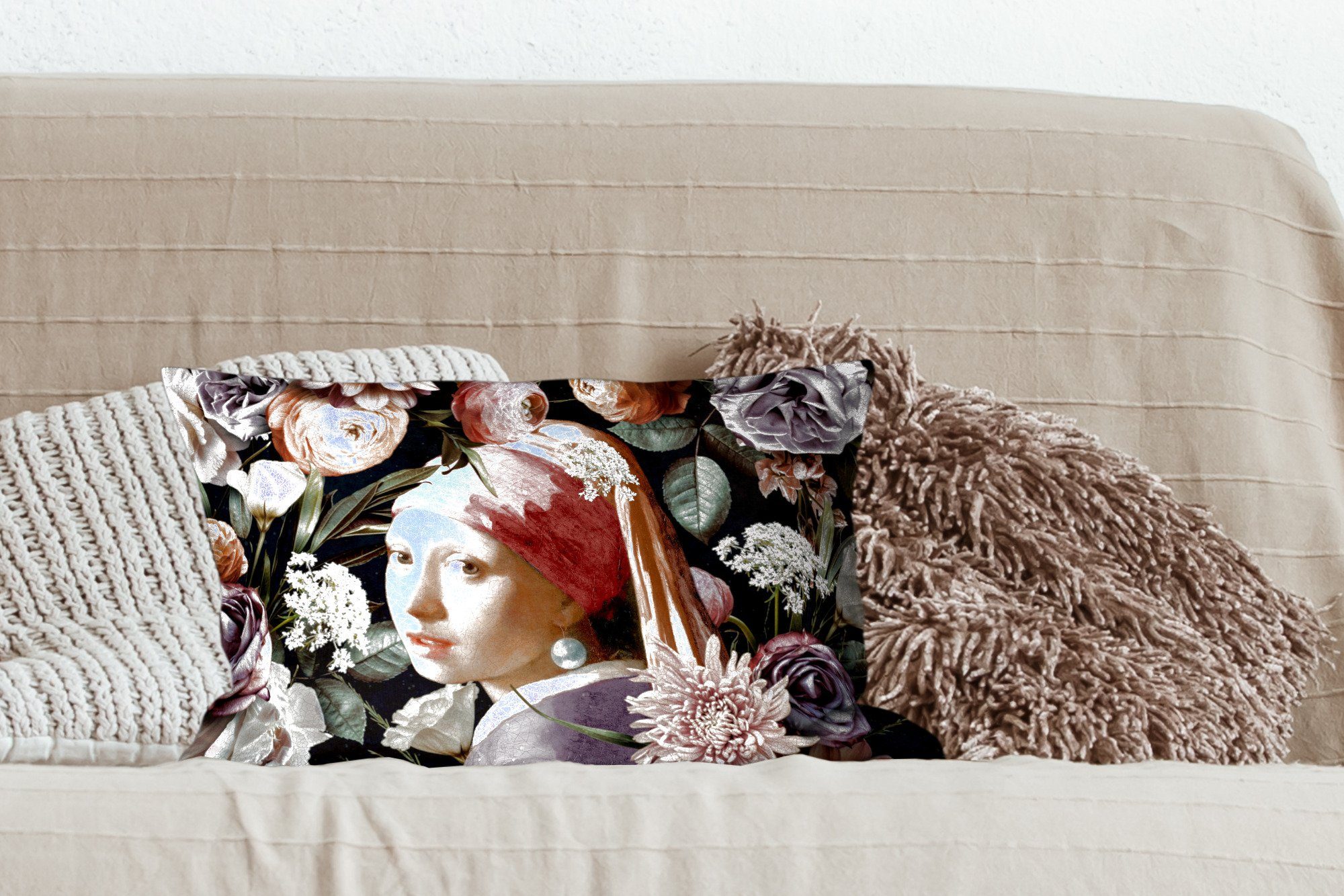 Dekokissen -, Dekokissen mit Perlenohrring Dekoration, Schlafzimmer mit - Wohzimmer Füllung, Zierkissen, - Pastell - - MuchoWow Blumen Vermeer Kunstwerk Mädchen
