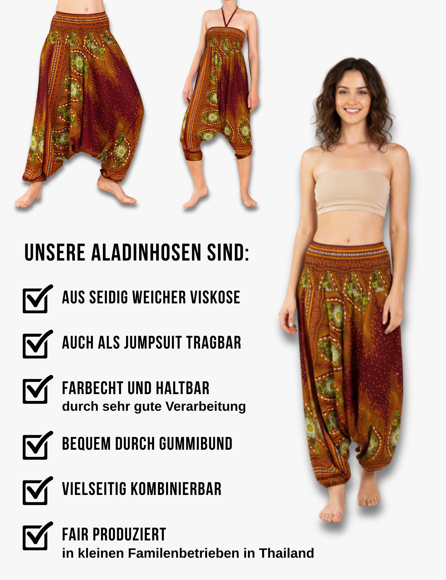PANASIAM Haremshose Aladinhose im schönen Peacock Design Haremshose aus 100% natürlicher Viskose auch als Overall tragbar Damen Pumphose bequeme Freizeithose