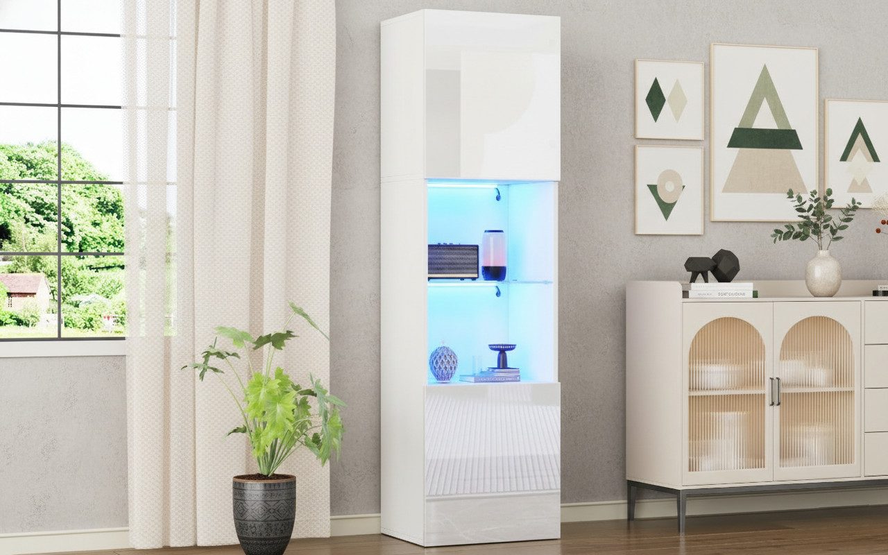 HAUSS SPOLE Vitrine Hochglanz Lagerschrank mit LED-Beleuchtung, 1 Glasboden Weiß (Highboard, Aufbewahrungsschrank, Hochschrank, Lagerschrank , 1-St., 1 Glasboden, 2 Türen) Hochglanz Vitrine, mit LED-Beleuchtung
